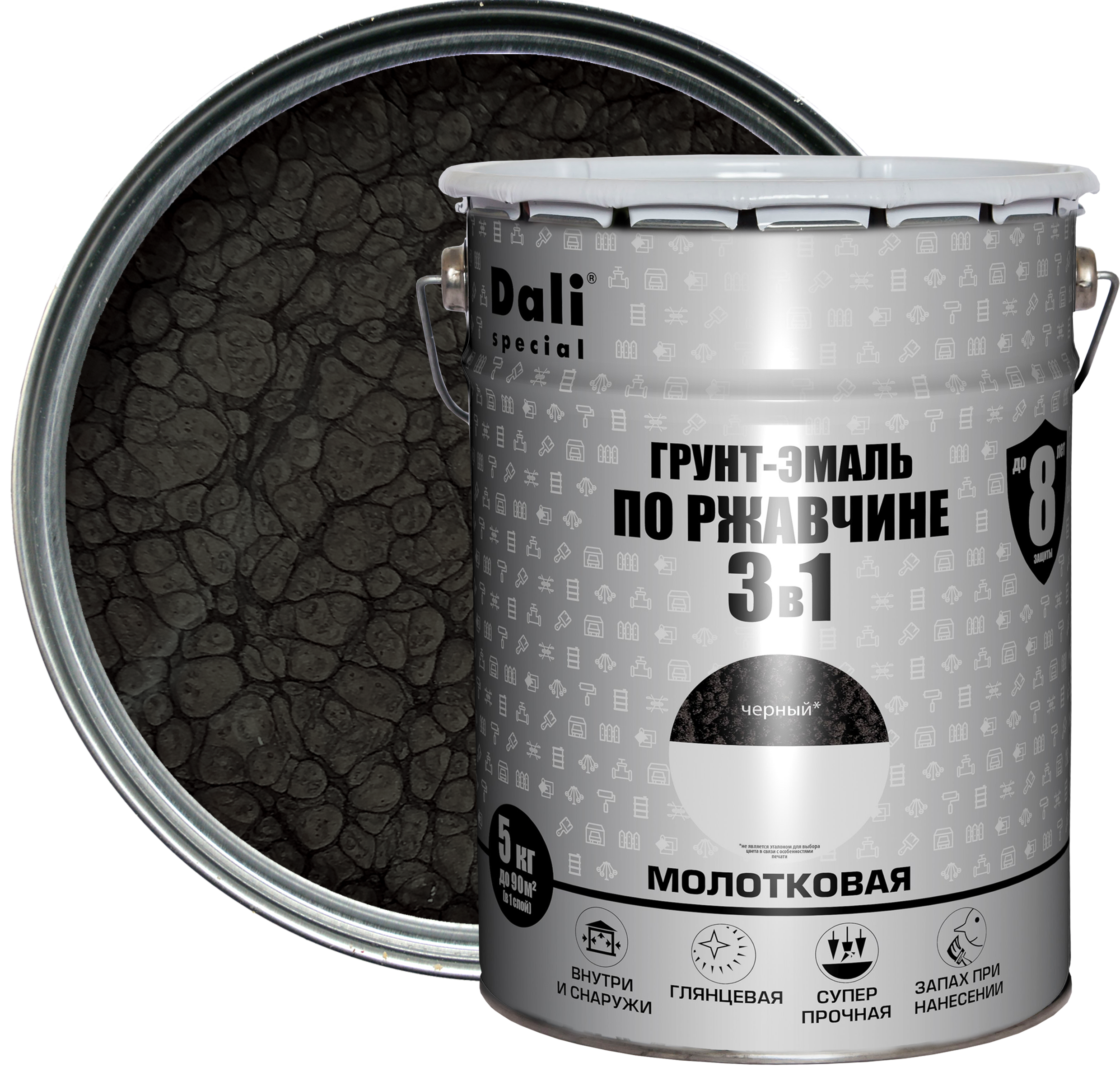 Изображение товара Грунт-эмаль по ржавчине 3 в 1 Dali Special молотковая черная 5 кг