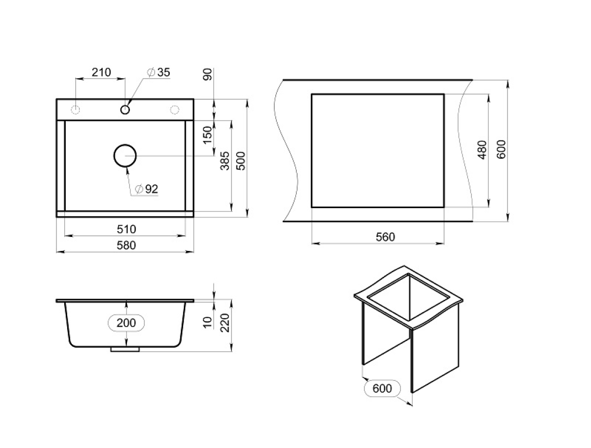 Изображение товара Накладная мойка Granula Турмалин ES- 5804 50x58x20 см кварц цвет черный