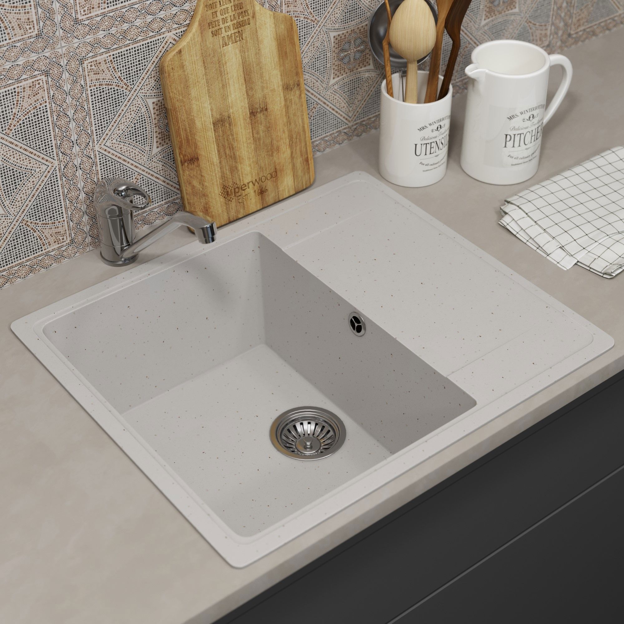 Изображение товара Мойка для кухни врезная Uperwood ECON UPD-201m 49.5x57.5 см глубина чаши 19 см искусственный камень цвет белый