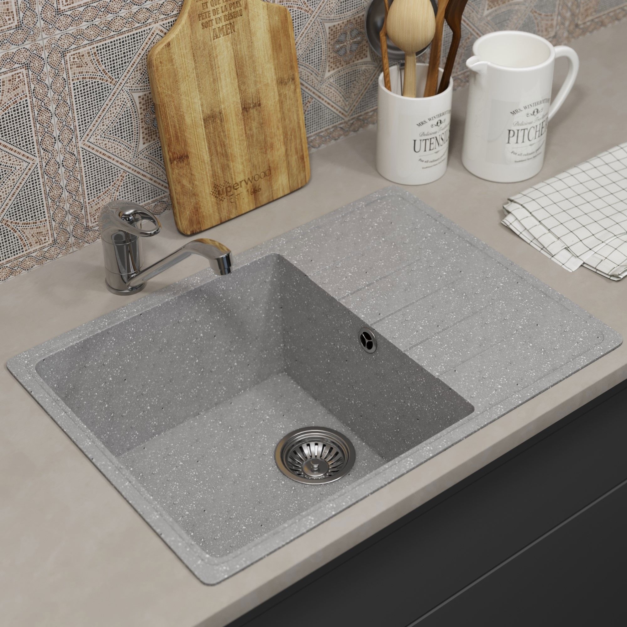 Изображение товара Мойка для кухни врезная Uperwood ECON UPD-506m 42x60 см глубина чаши 17 см искусственный камень цвет серый