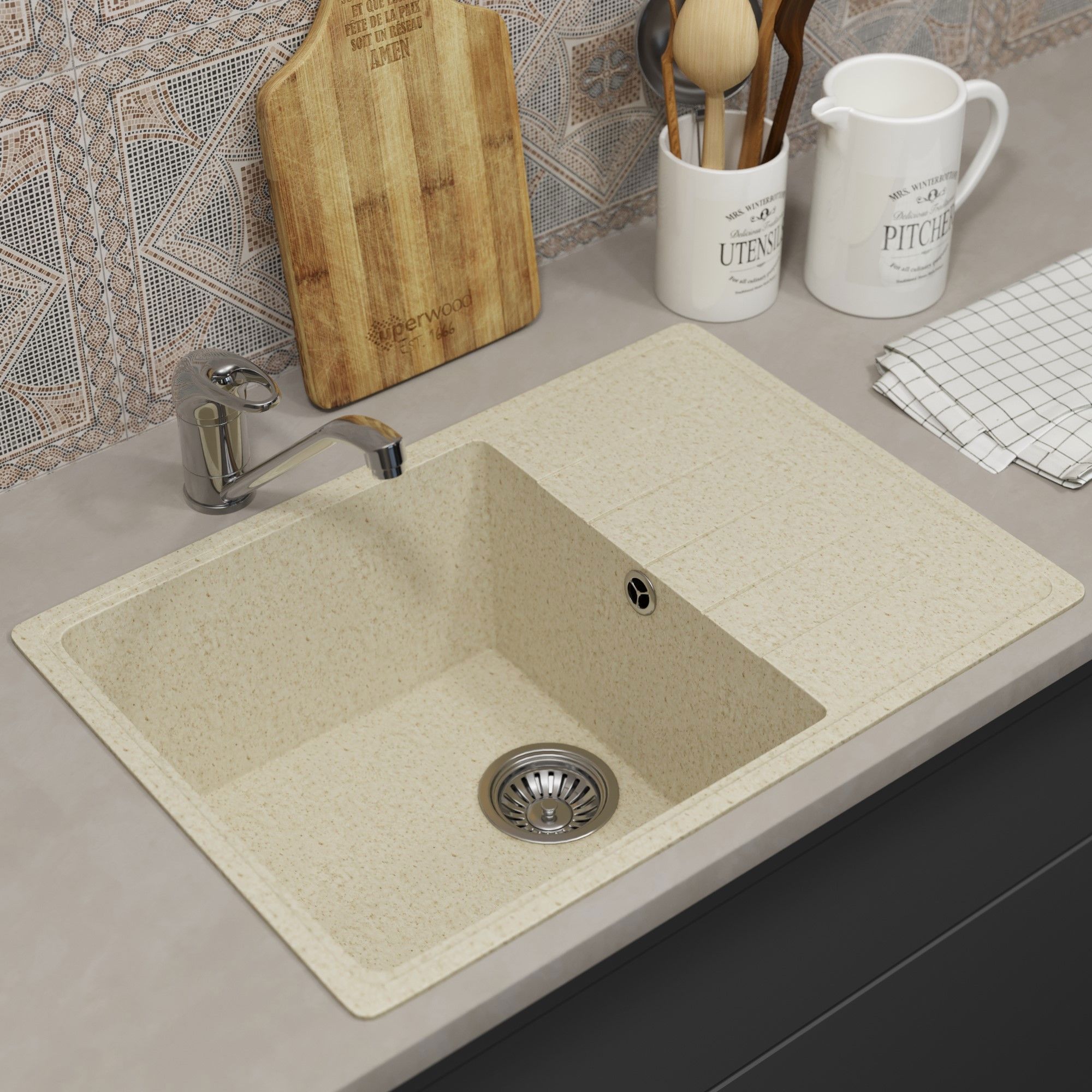 Изображение товара Мойка для кухни врезная Uperwood ECON UPD-506m 42x60 см искусственный камень бежевый