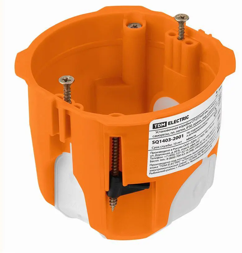 Подрозетник TDM Electric двухкомпонентный 73x65 мм под гипсокартон IP30 с саморезами и лапками цвет оранжевый