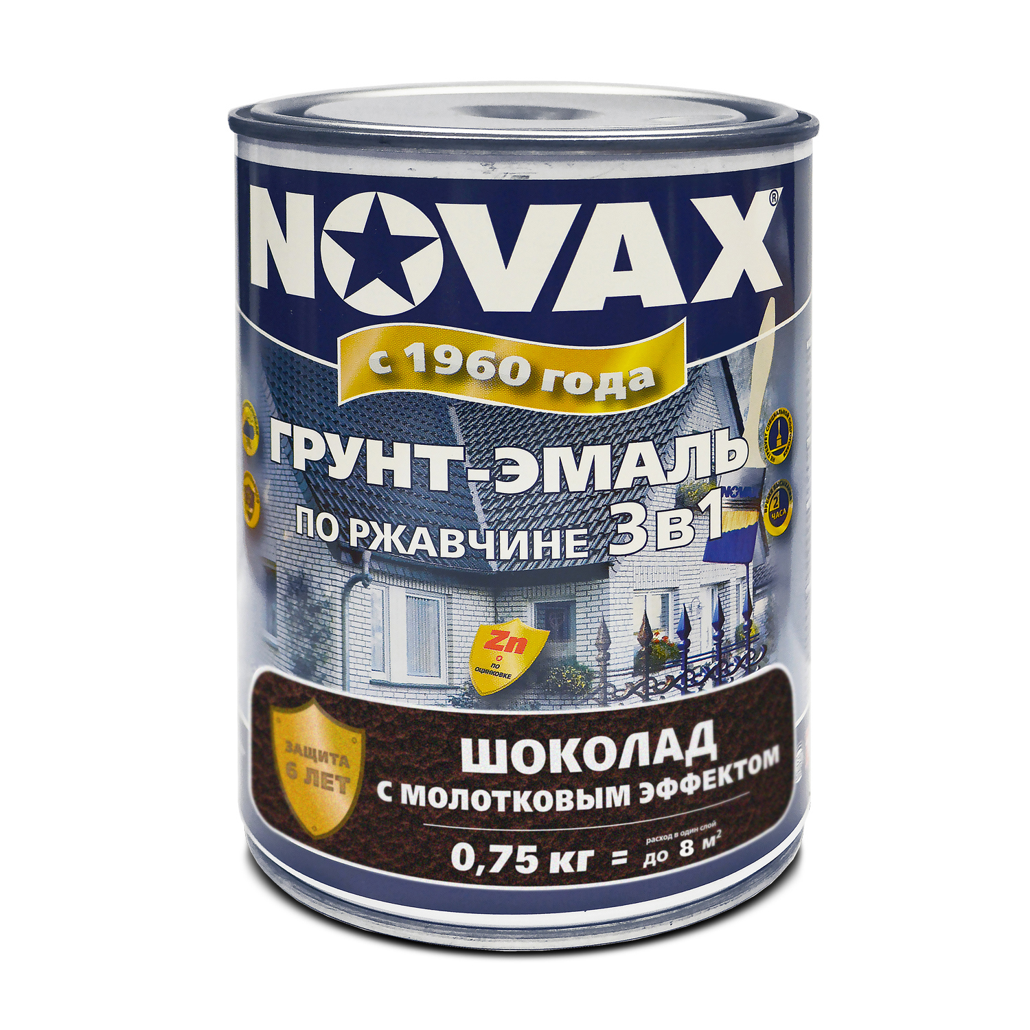 Изображение товара Грунт-эмаль 3 в 1 по металлу Novax молотковая цвет шоколад 0.75 кг