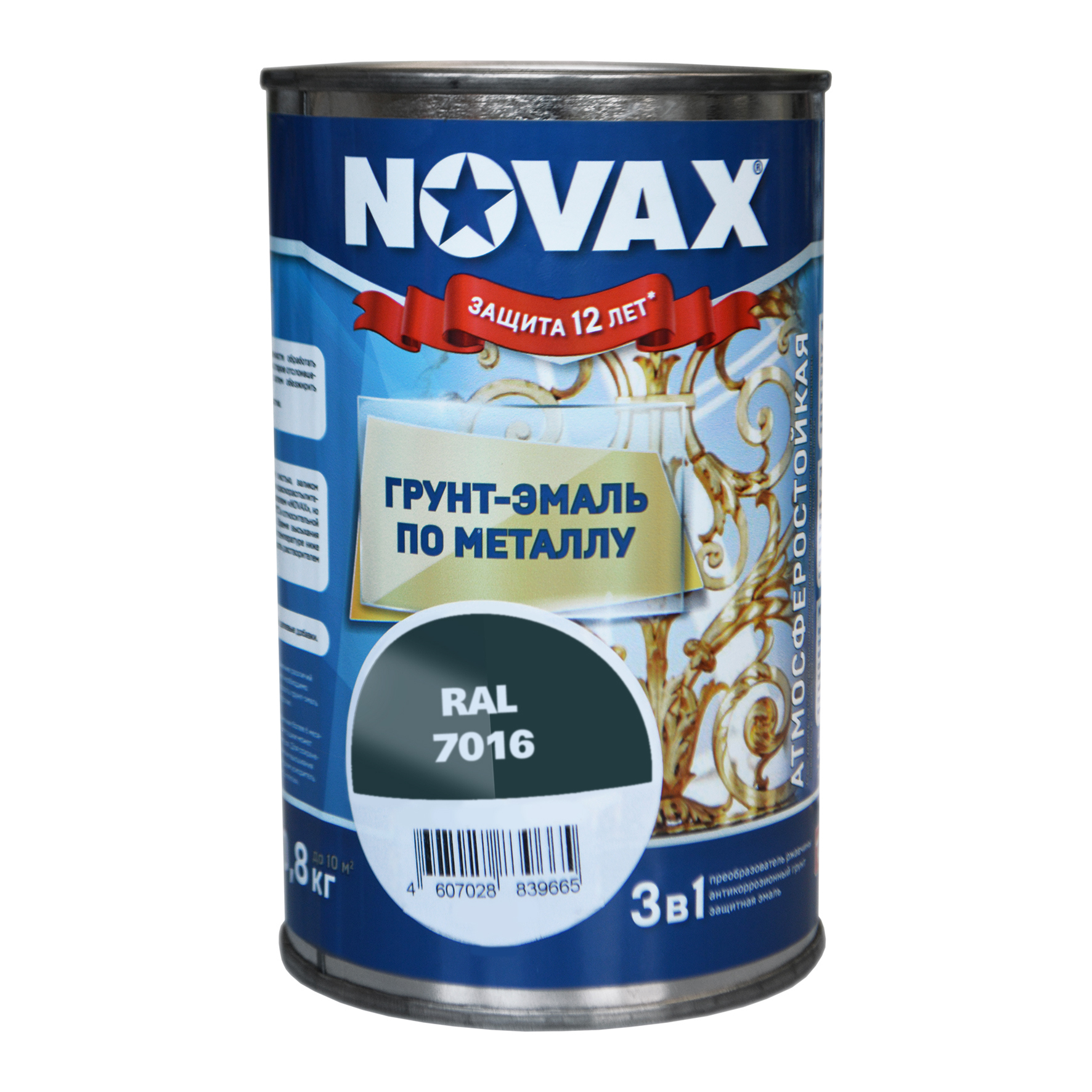 Изображение товара Грунт-эмаль 3 в 1 по металлу Novax глянцевая цвет темно-серый RAL 7016 0.8 кг