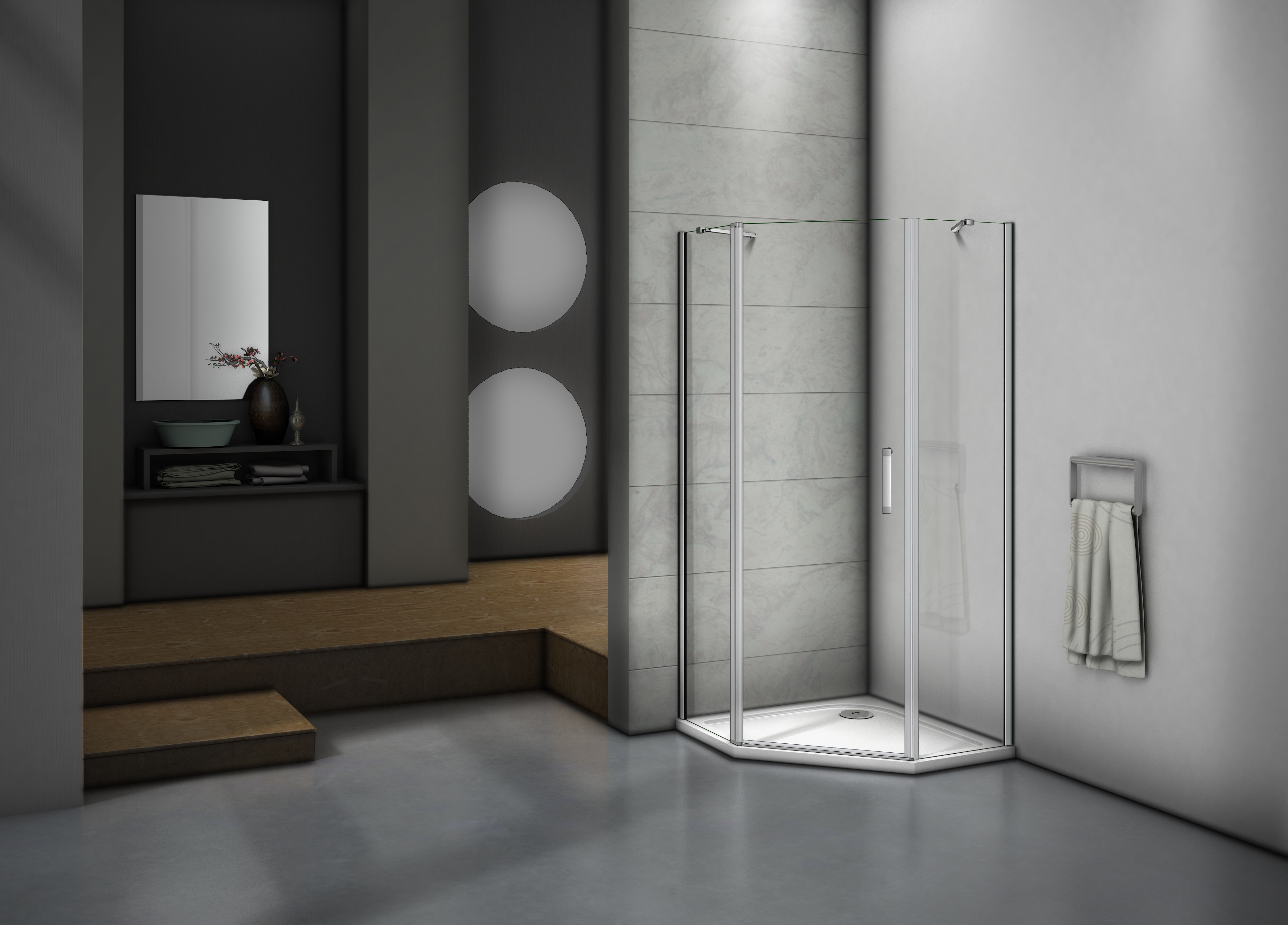 Изображение товара Душевой уголок Makiato PNT-100-C-WE, пентагональный 100x100 см хромированный профиль прозрачное стекло распашной