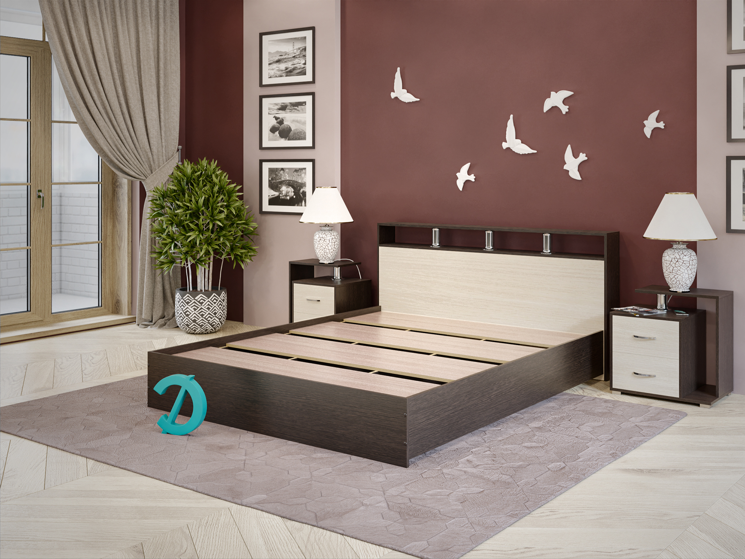 Изображение товара Кровать Досто Троя 140x200 см из ЛДСП венге и дуб беленый с полкой в изголовье