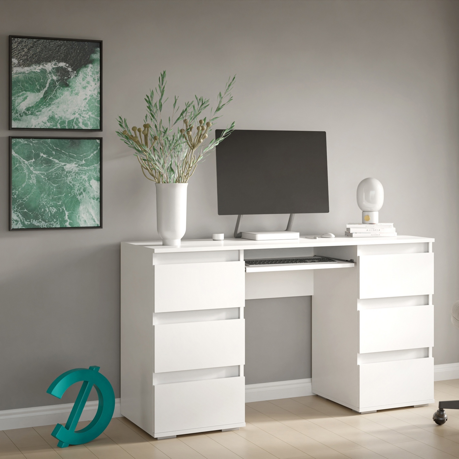 Изображение товара Офисный стол Досто Сканди 135x77.5x50 см с ящиками и полкой, белый