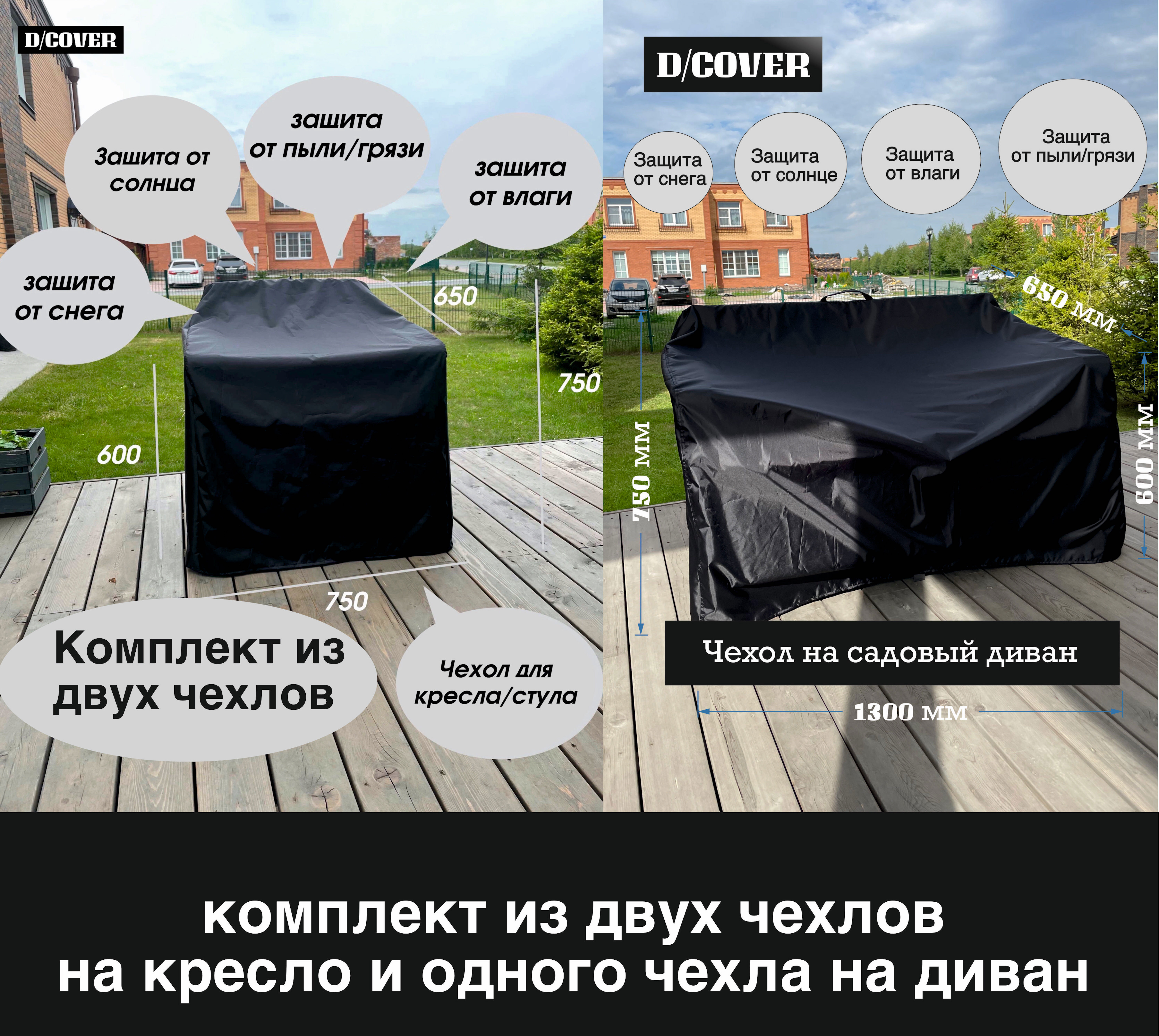 Изображение товара Комплект чехлов D/Cover для кресел и дивана из оксфорда 1300x650x750 см черный