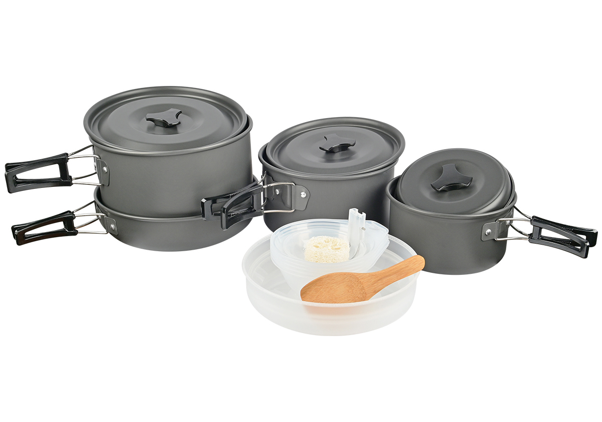 Изображение товара Набор посуды туристический Kitoki М7759487 анодированный алюминий серый с крышками и столовыми приб