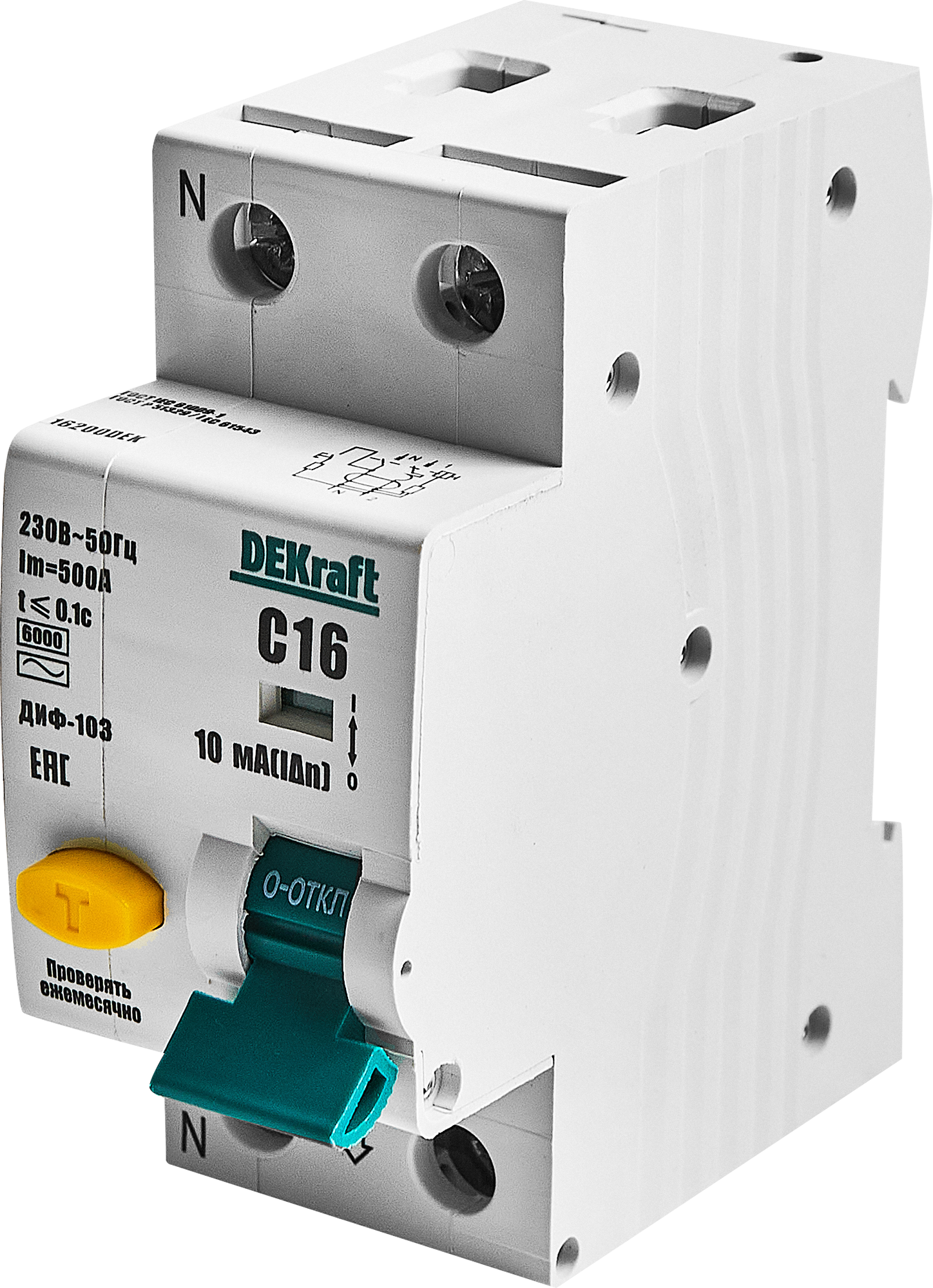 Изображение товара Дифференциальный автомат Dekraft АВДТ 1P N C16 А 10 мА 6 кА C16200DEK
