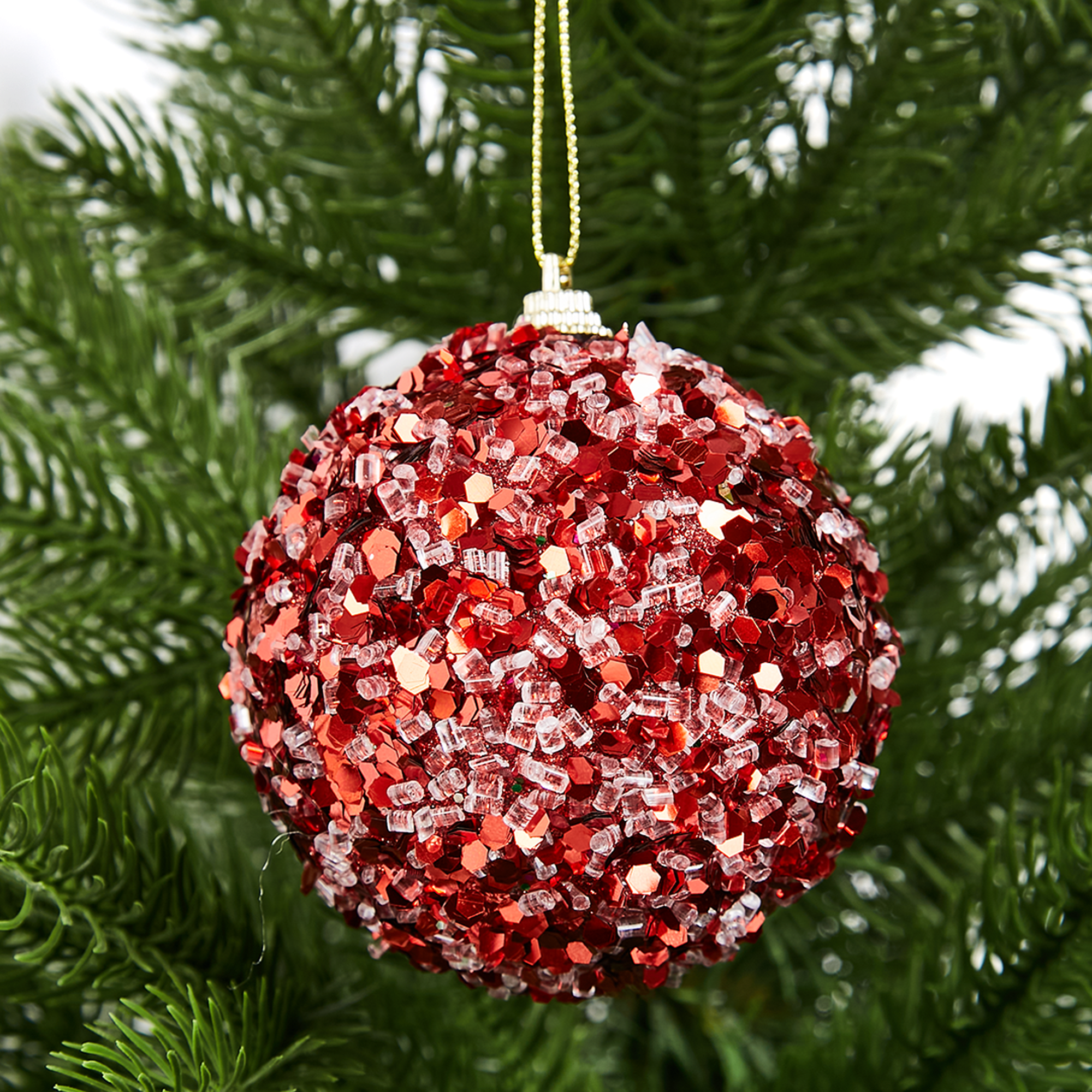 Изображение товара Ёлочное украшение шар с красными блестками Christmas ø8 см