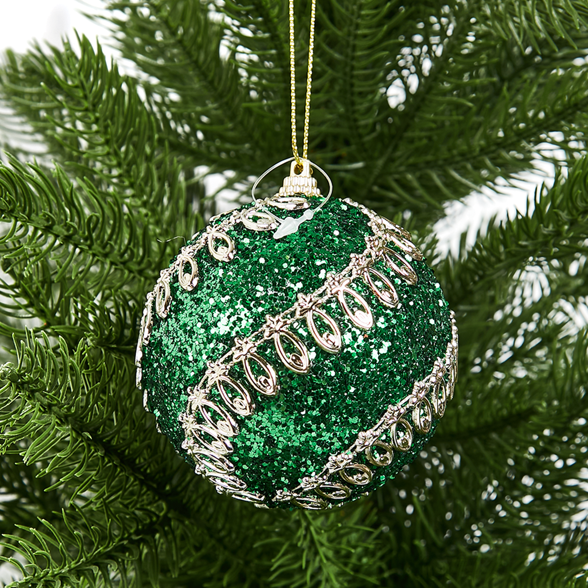 Изображение товара Ёлочный шар с узором из блесток Christmas зеленый 8 см
