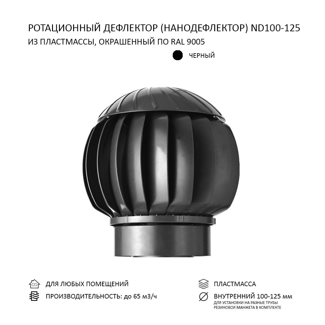 Изображение товара Нанодефлектор ротационный Gervent ND160 D160 мм с переходником 100/125 мм abs-пластик цвет чёрный