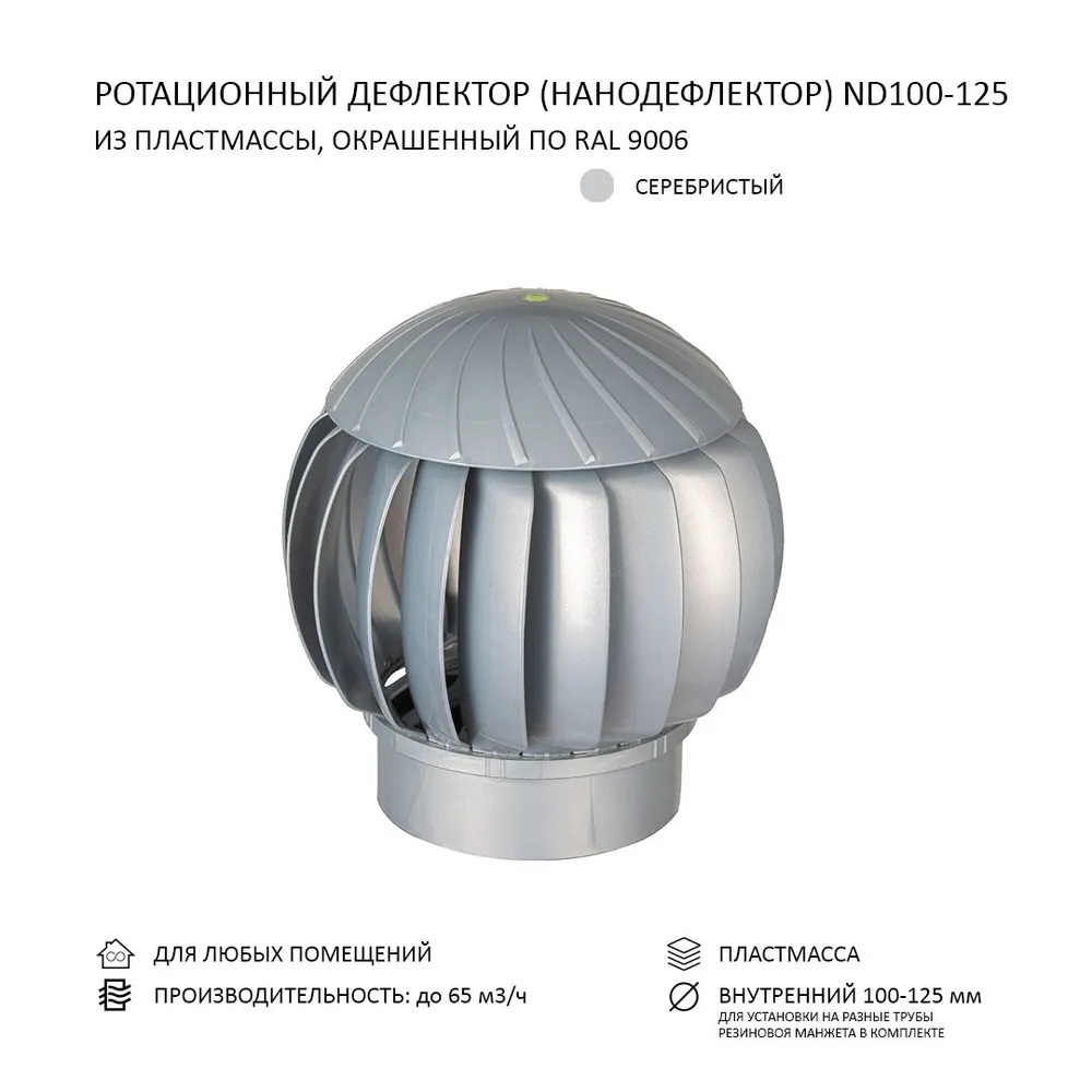 Изображение товара Нанодефлектор ротационный Gervent ND160 D160 мм с переходником 100/125 мм abs-пластик цвет серебристый