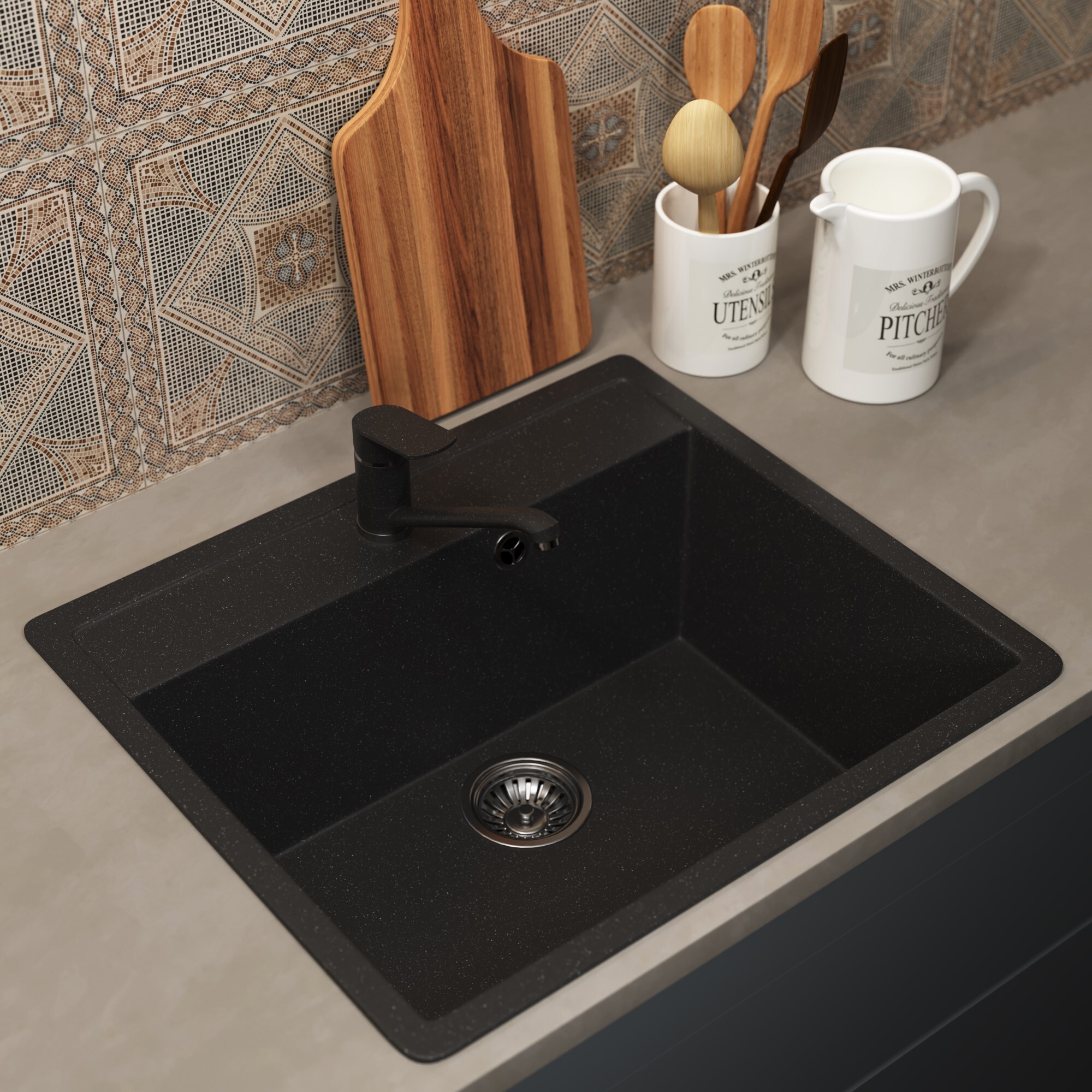 Изображение товара Мойка для кухни врезная упервуд эконом урт-104 49.5x56.5 см искусственный камень черный