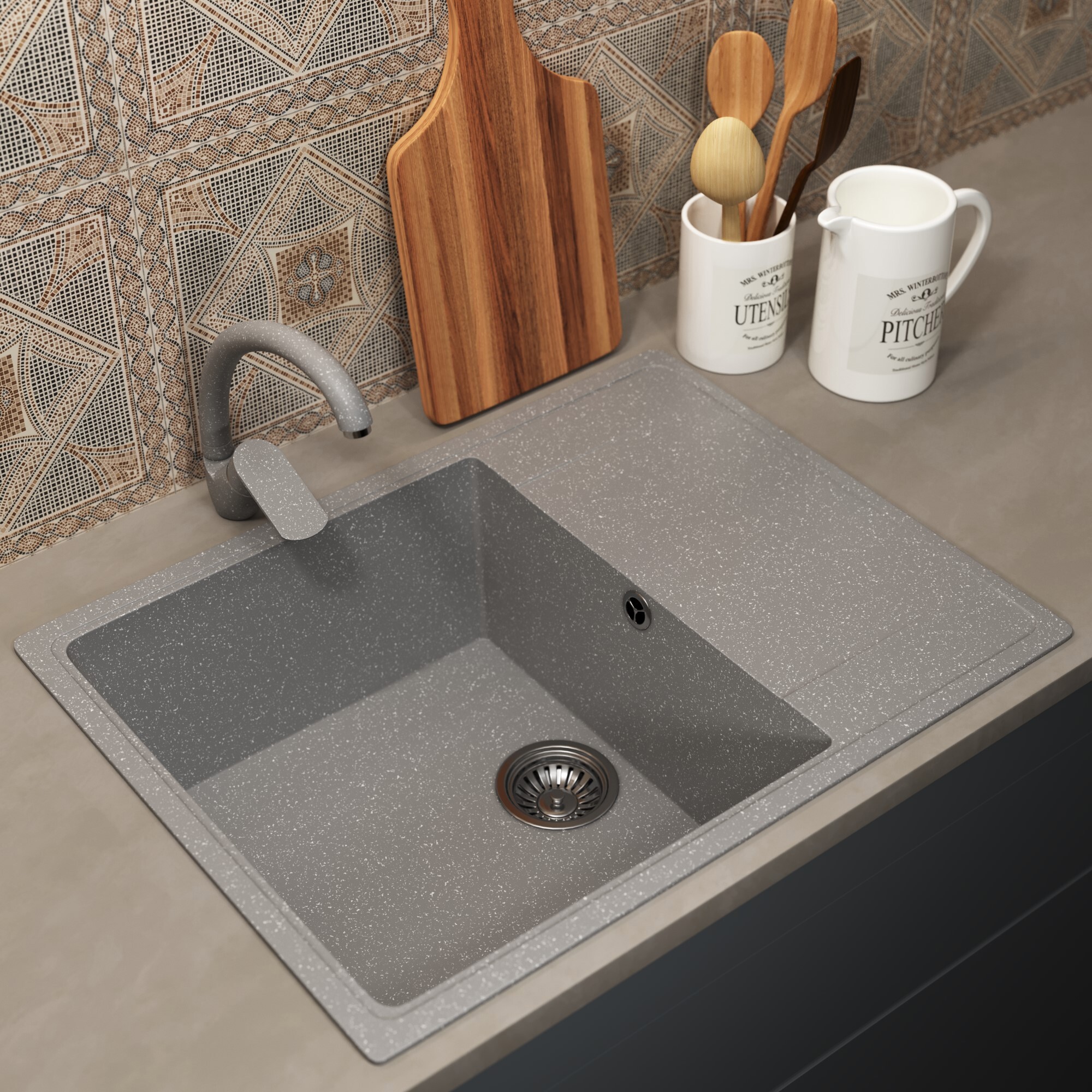 Изображение товара Мойка для кухни врезная Uperwood ECON UPD-202 49.5x65 см глубина чаши 18 см искусственный камень цвет серый