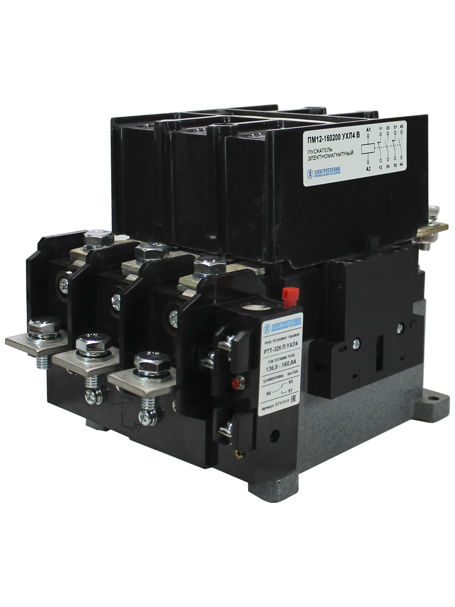 Изображение товара Пускатель электромагнитный Электротехник ПМ12-160200 УХЛ4 В 380В/50Гц 2з+2р 160А нереверсивный с реле РТТ-326 136-160А IP00