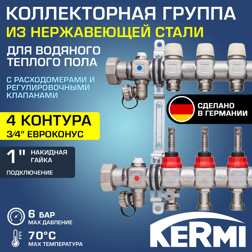 Изображение товара Коллекторная группа для теплого пола Kermi SFVT0401000 1x3/4 евроконус 4 выхода
