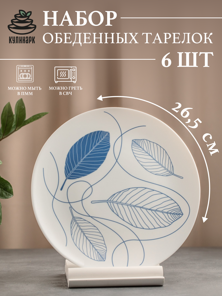 Изображение товара Набор тарелок обеденных Кулинарк Скандинавия 265мм опаловое стекло белый с синим узором 6шт