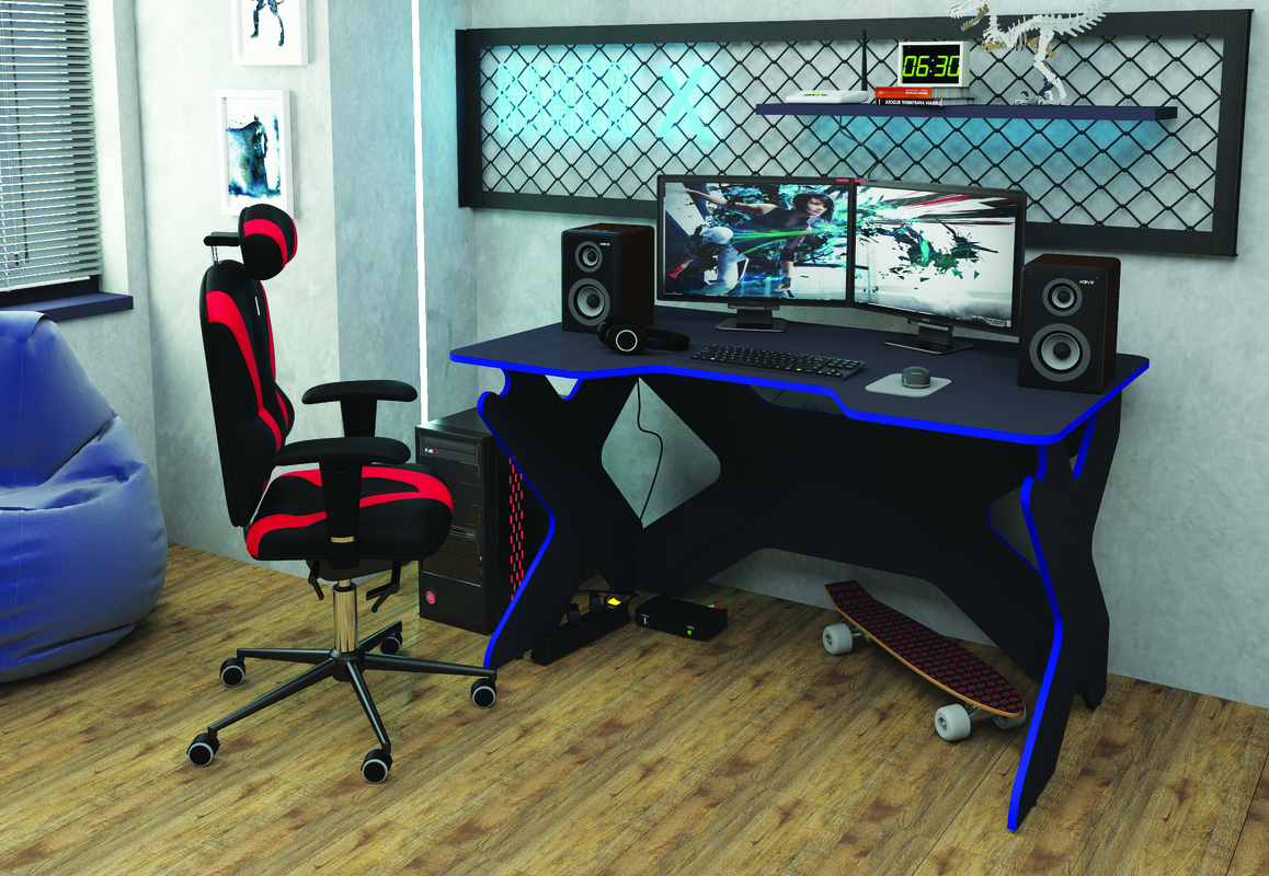 Изображение товара Компьютерный стол Мебельнов Геймер Х черный/синий 134x77 см