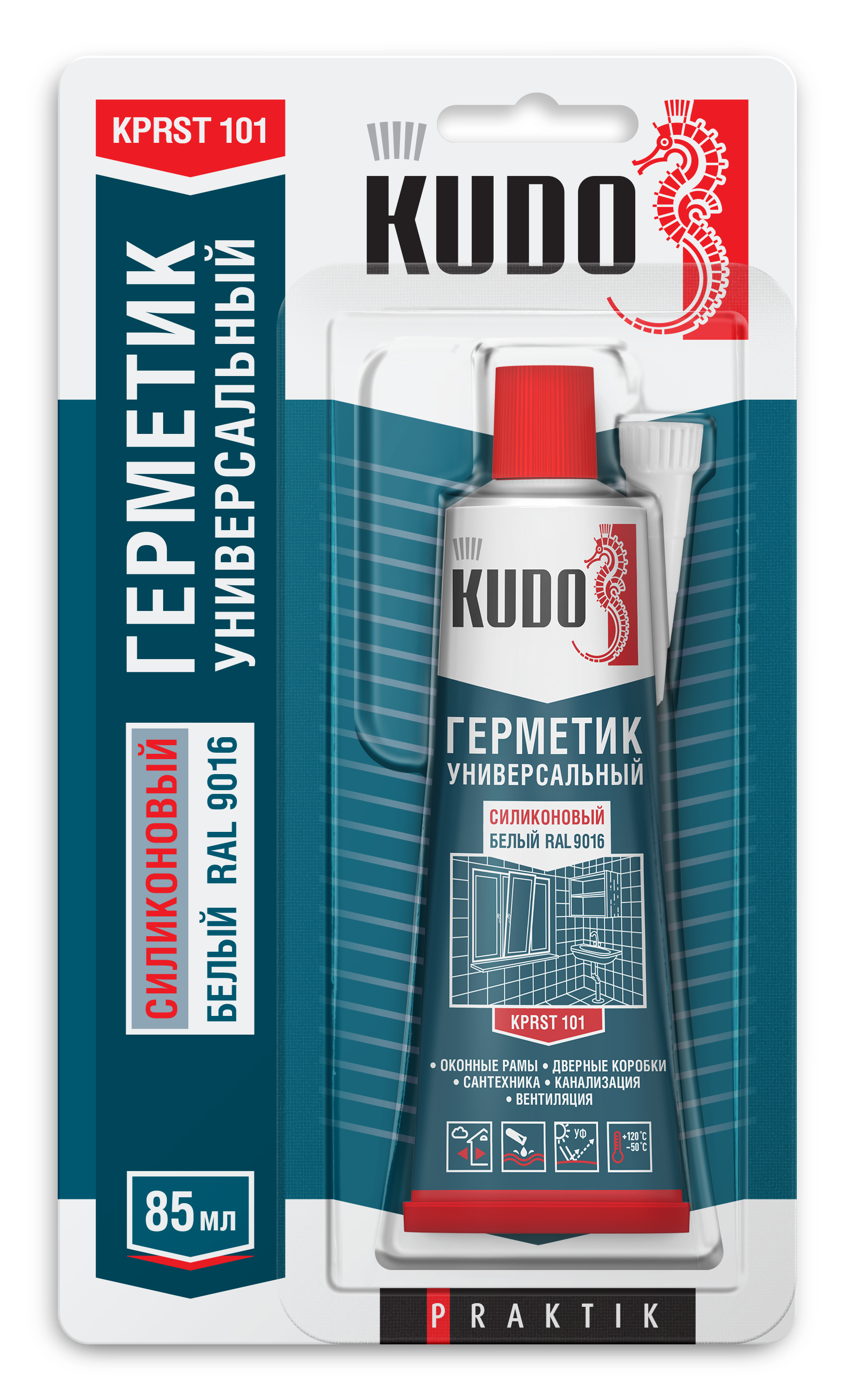 Изображение товара Герметик силиконовый Kudo Praktik уксусный универсальный белый тюбик 85 мл