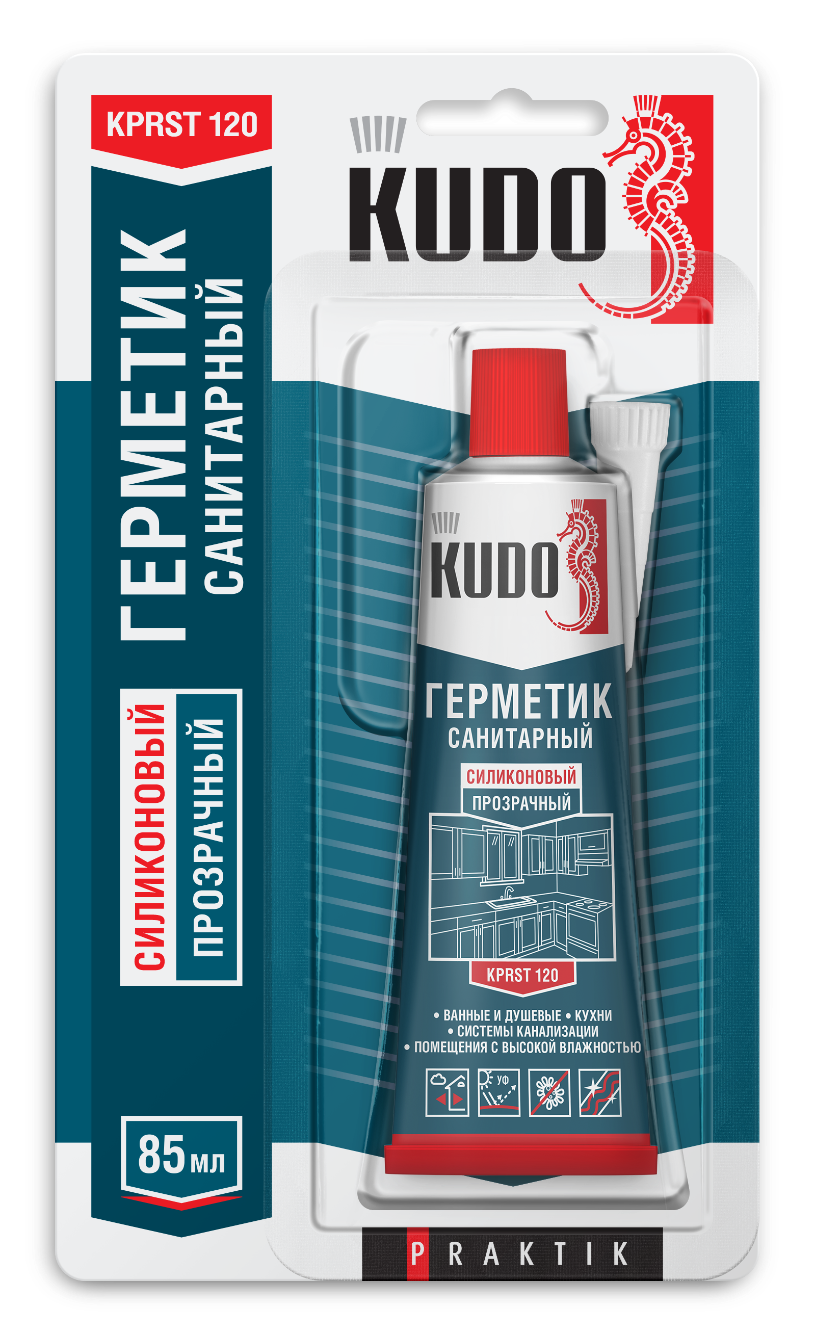 Изображение товара Герметик силиконовый Kudo Praktik санитарный уксусный прозрачный тюбик 85 мл