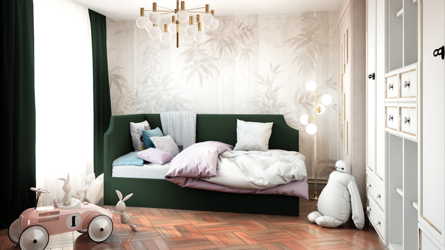 Изображение товара Кровать Costa Джуниор с подъемным механизмом 90x100x213 см левый угол велюр цвет зеленый