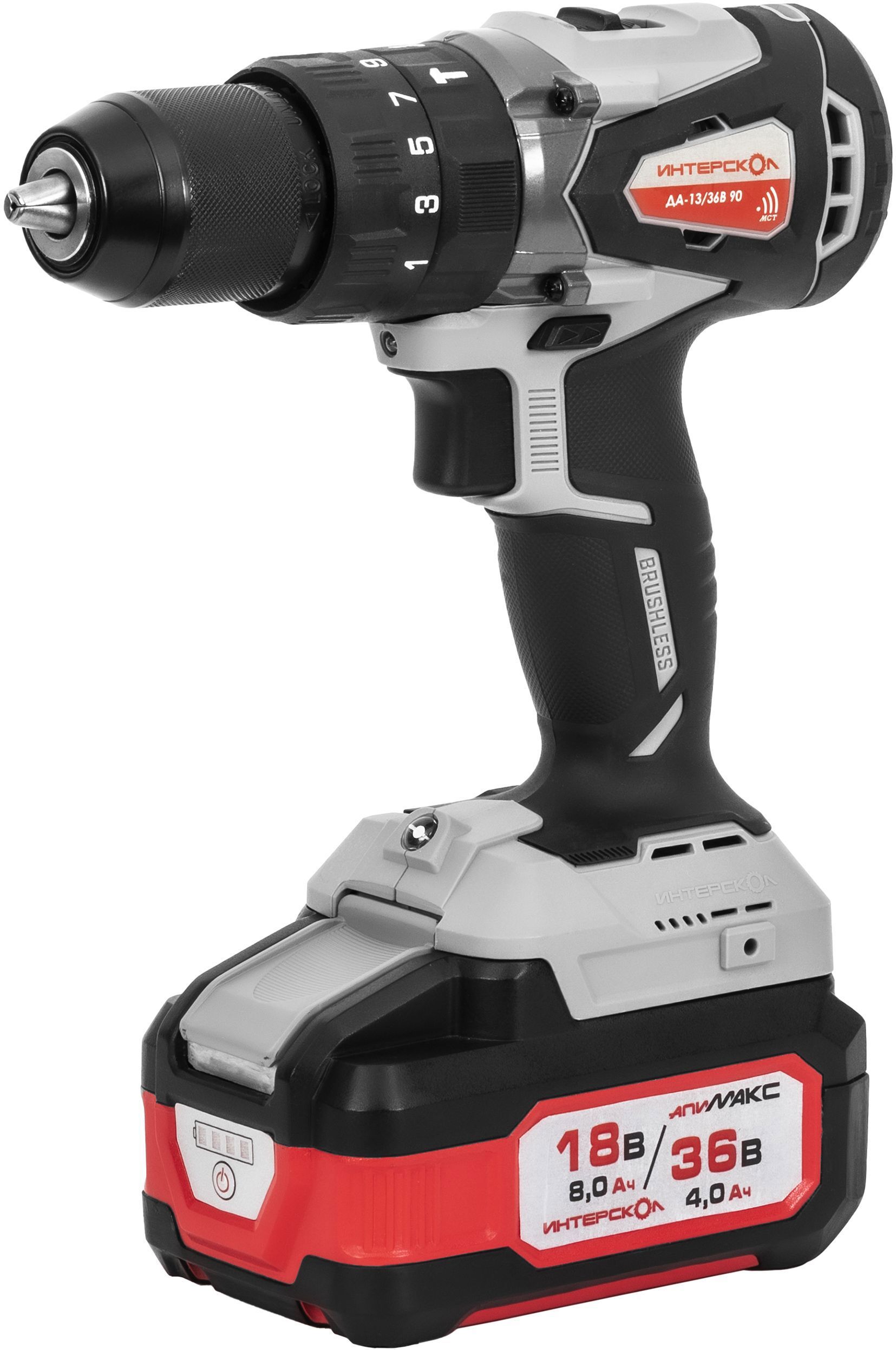 Изображение товара Дрель-шуруповерт аккумуляторная ударная бесщеточная Интерскол ДАУ-13/36В90, 36 В Li-Ion, 2x2 Ач