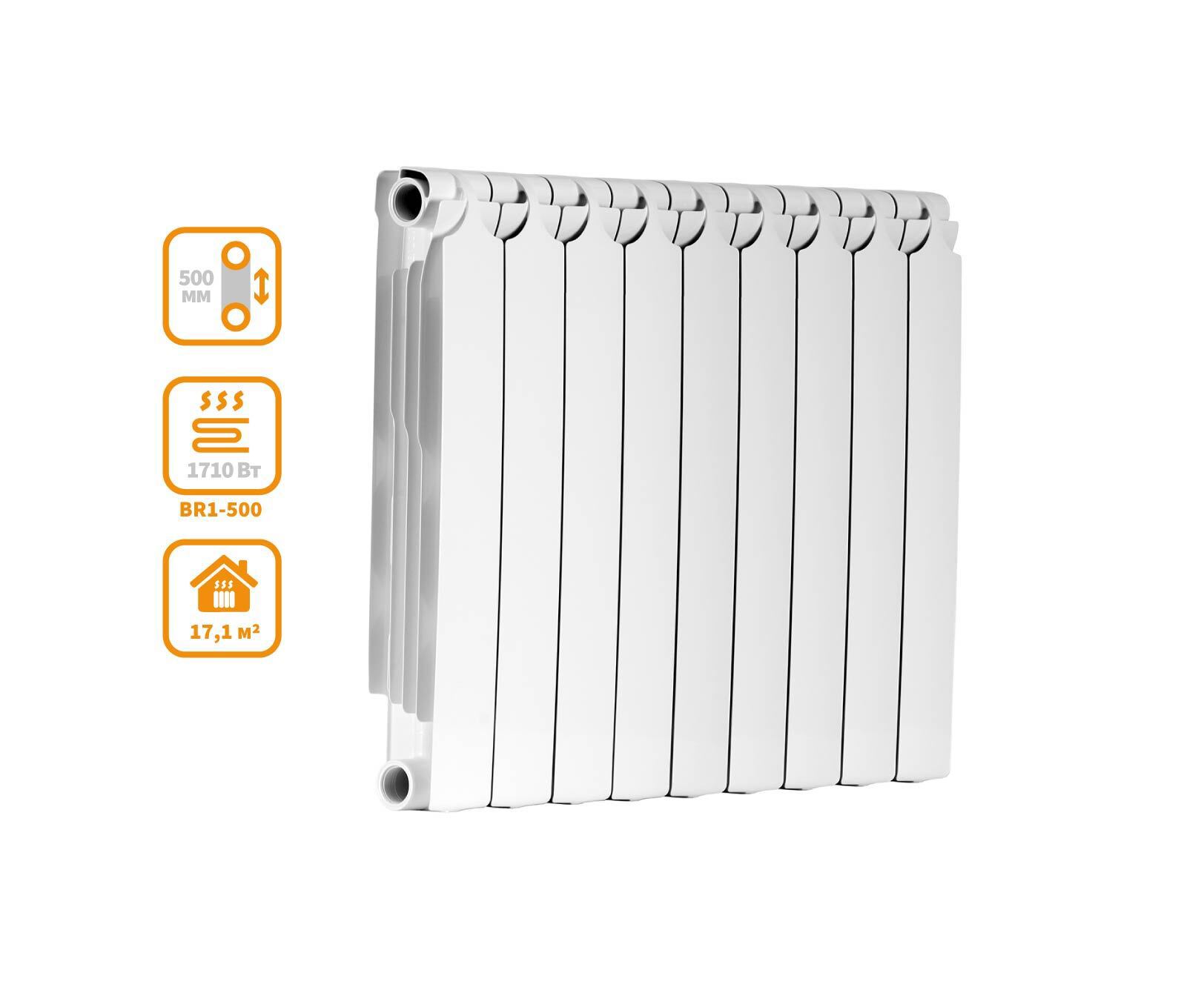 Изображение товара Радиатор секционный Теплоприбор БР1-500 500/90 9 секций боковое подключение биметалл белый