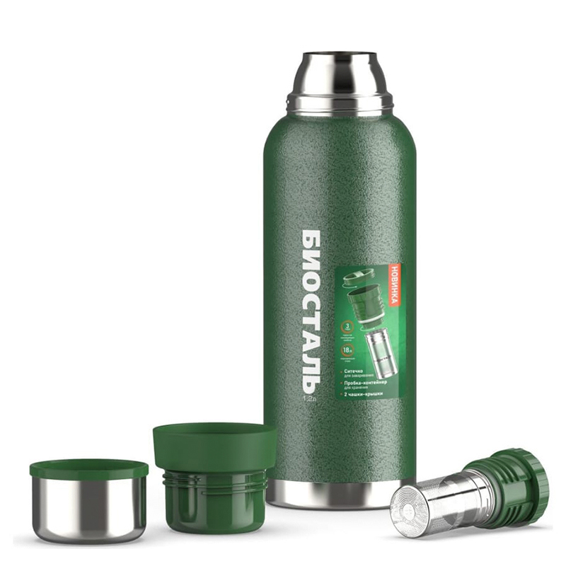 Изображение товара Термос 1200 мл Biostal Охота колба из нержавеющей стали цвет зеленый
