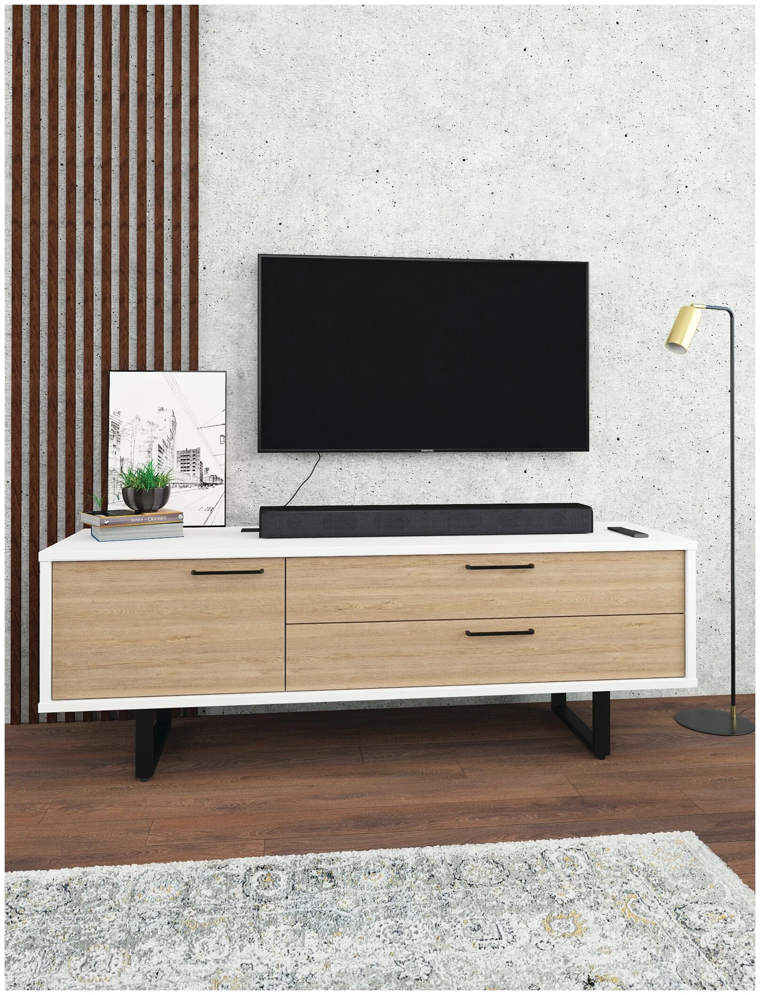 Изображение товара Тумба под телевизор Мебельнов Темпл 00322 160x56x45 см ЛДСП цвет белый, песочный