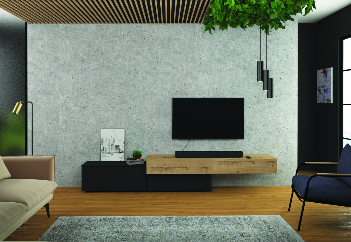 Изображение товара Тумба под телевизор Мебельнов Эффектоо 00347/00348 254.7x45x45 см ЛДСП цвет графит, дуб бунратти