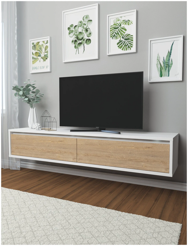 Изображение товара Тумба под телевизор Мебельнов Рим 00325 170x30x40 см ламинированный ЛДСП белый песочный