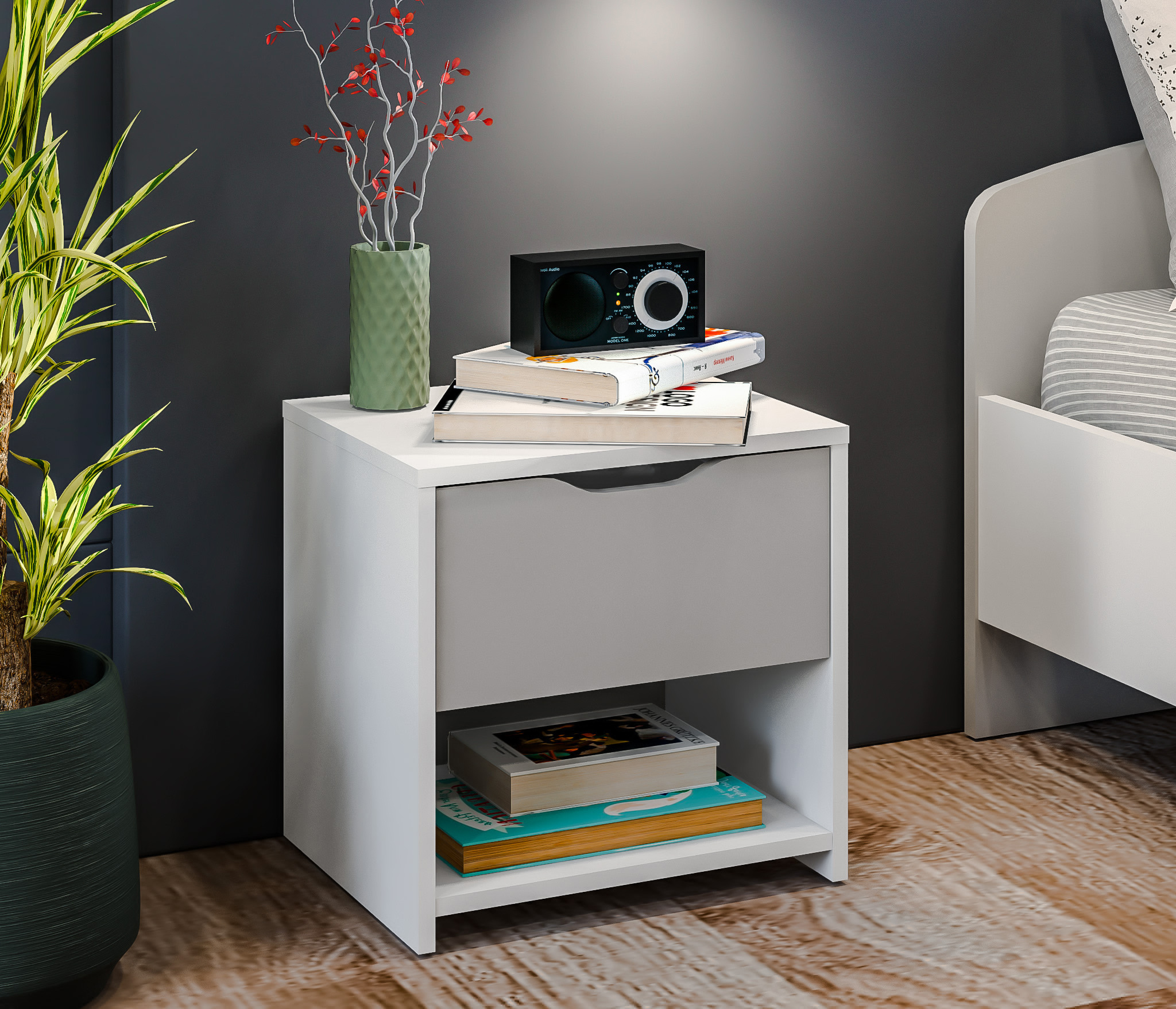 Изображение товара Тумба прикроватная Столплит 43x43x35 см 1 ящик ЛДСП цвет белый/серый