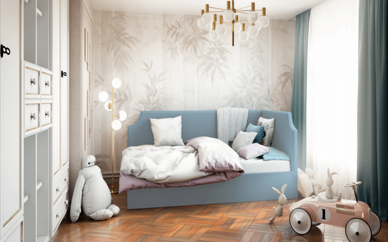 Изображение товара Кровать Costa Джуниор с подъемным механизмом 110x100x210 см правый угол Велюр цвет голубой