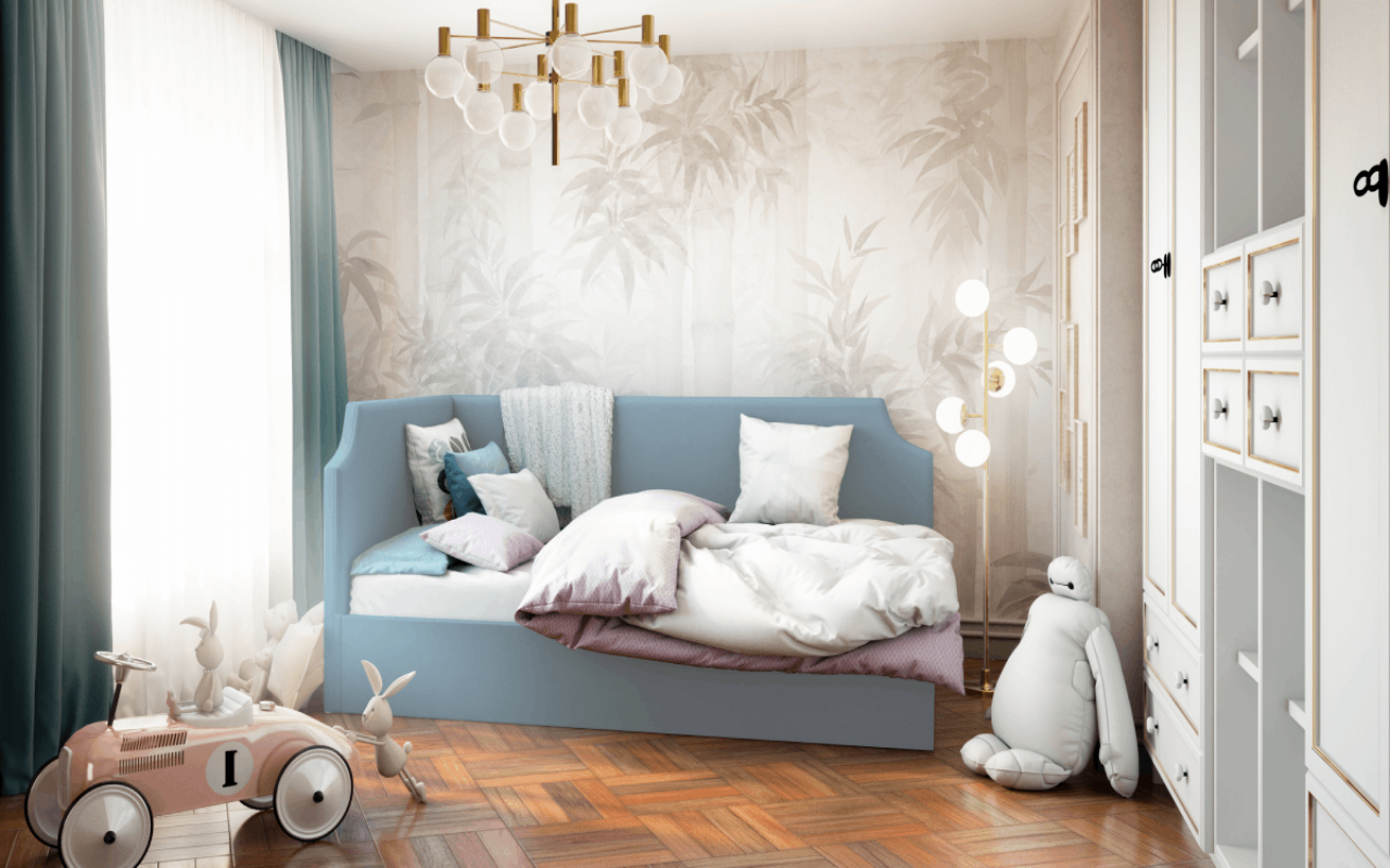 Изображение товара Кровать Costa Джуниор с подъемным механизмом 130x100x200 см голубой велюр