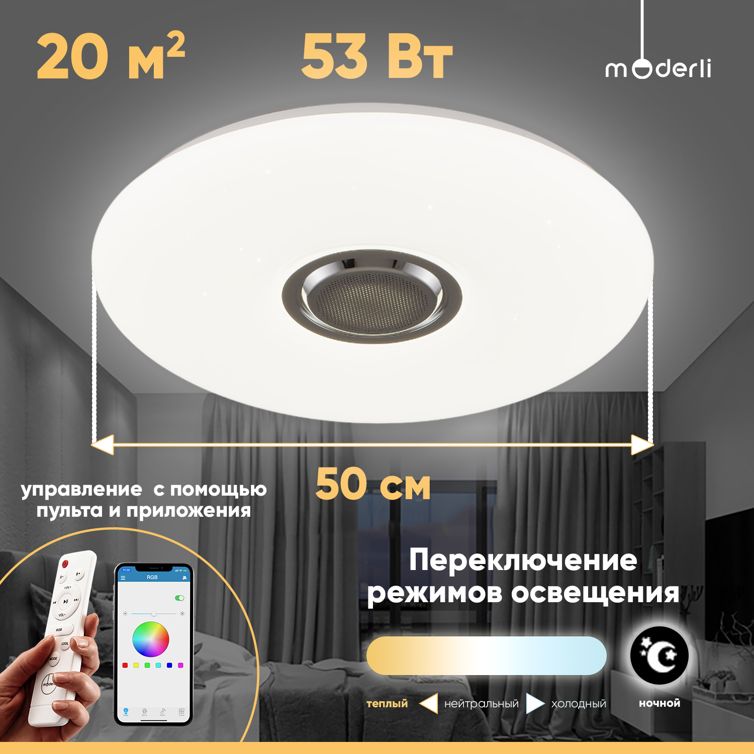 Изображение товара Светильник настенно-потолочный LED MODERLI Coin 53 Вт NТ белый прозрачный 20 м²