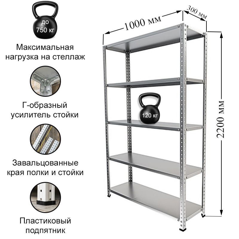 Изображение товара Стеллаж металлический Ironmebel 100x220x30 см с нагрузкой 750 кг для склада и дома