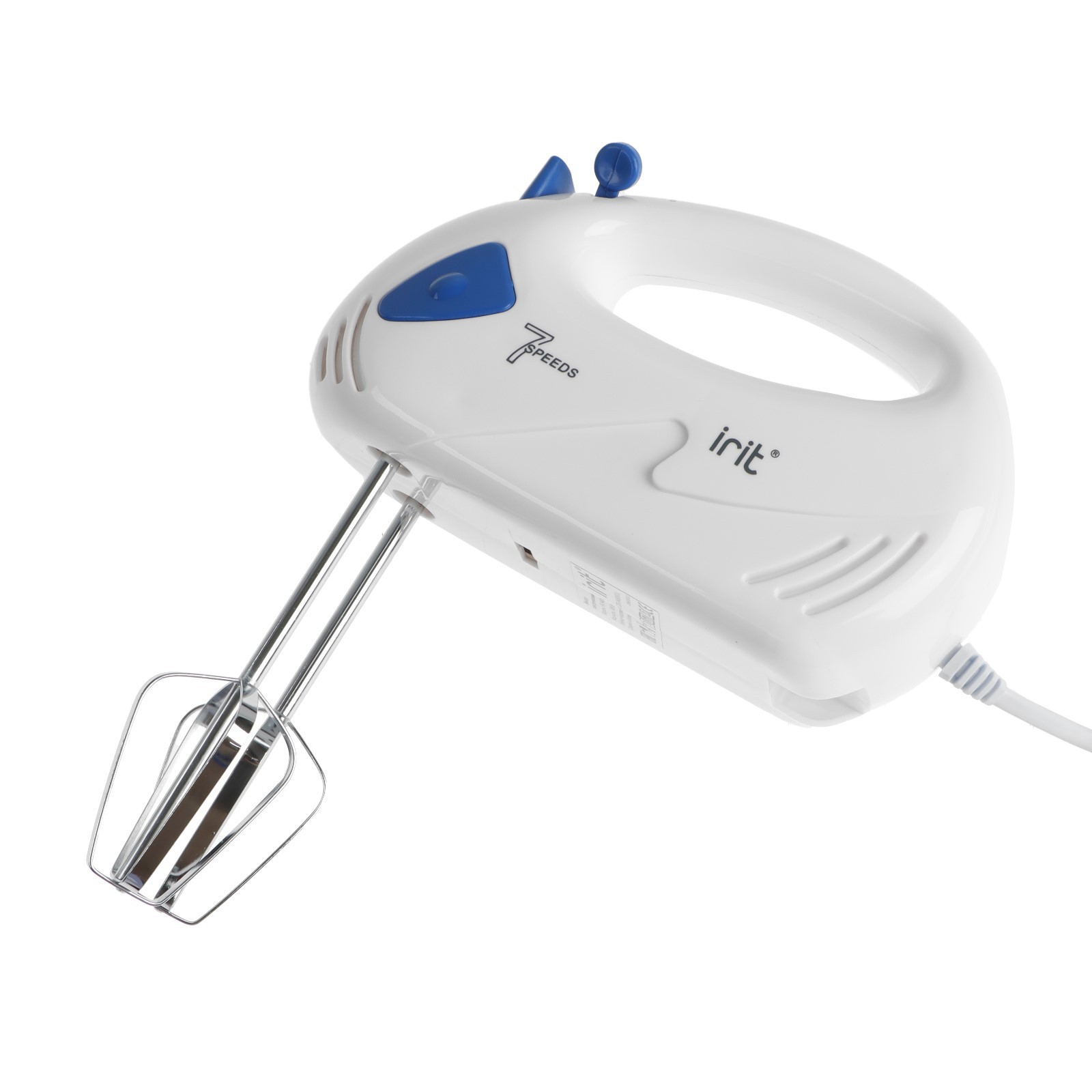 Изображение товара Миксер ручной Irit 120 Вт 7 скоростей 2 насадки цвет бело-синий