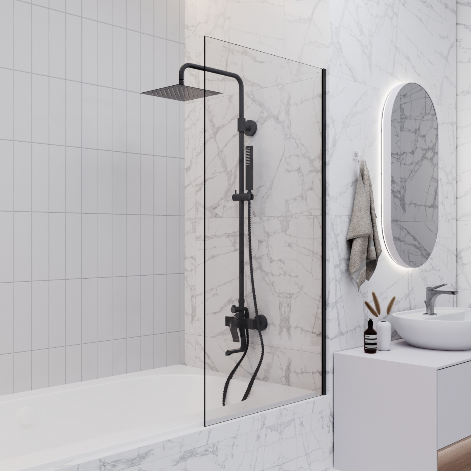 Изображение товара Ширма на ванну ENIO Unico 60x140 черный матовый с прозрачным стеклом