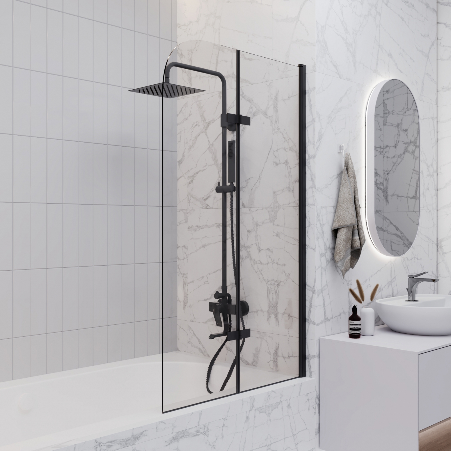 Изображение товара Ширма на ванну Enio Binario 80x140см черный матовый стекло складная