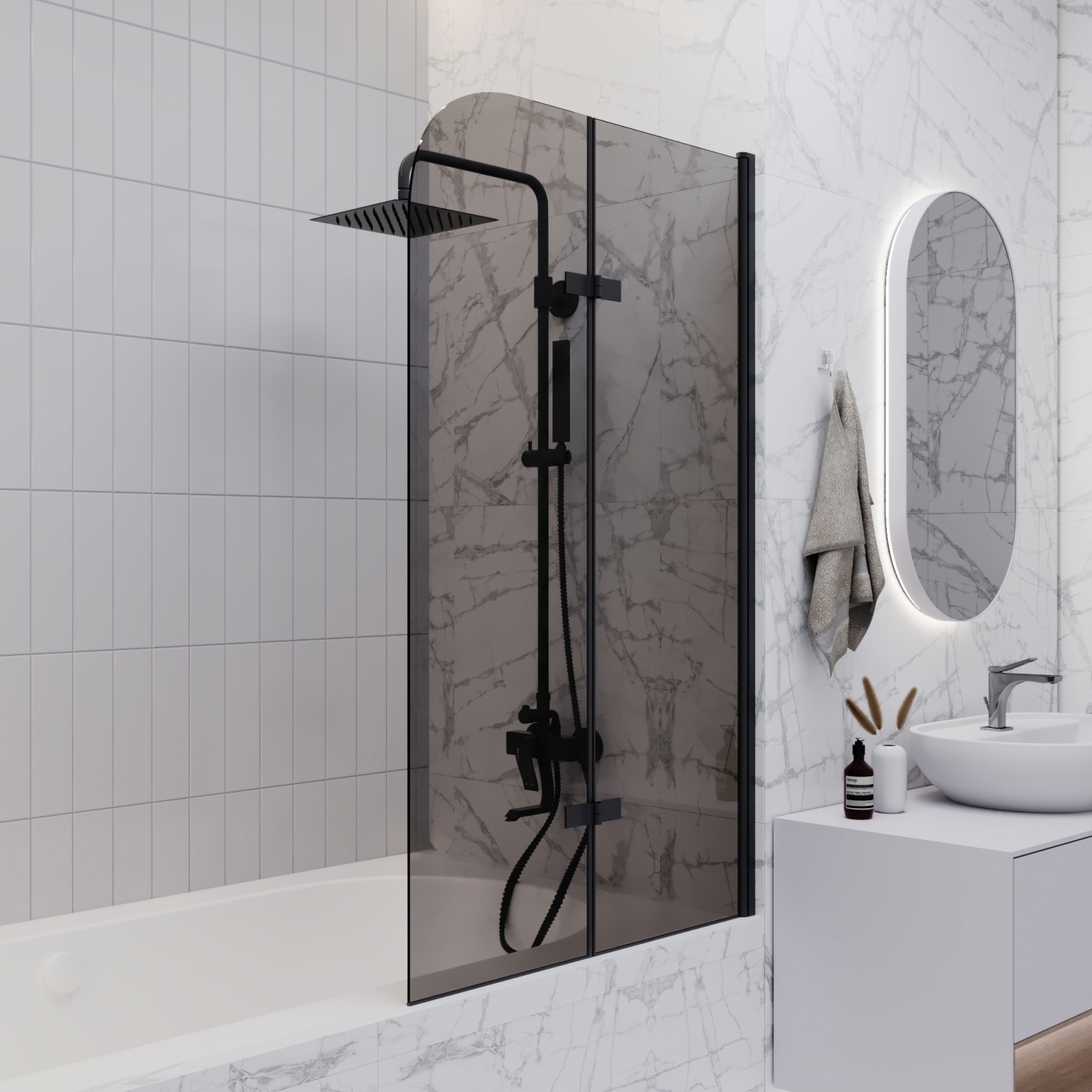 Изображение товара Ширма на ванну Enio Binario EN7020509 80x140 см стекло тонированное складная черный профиль