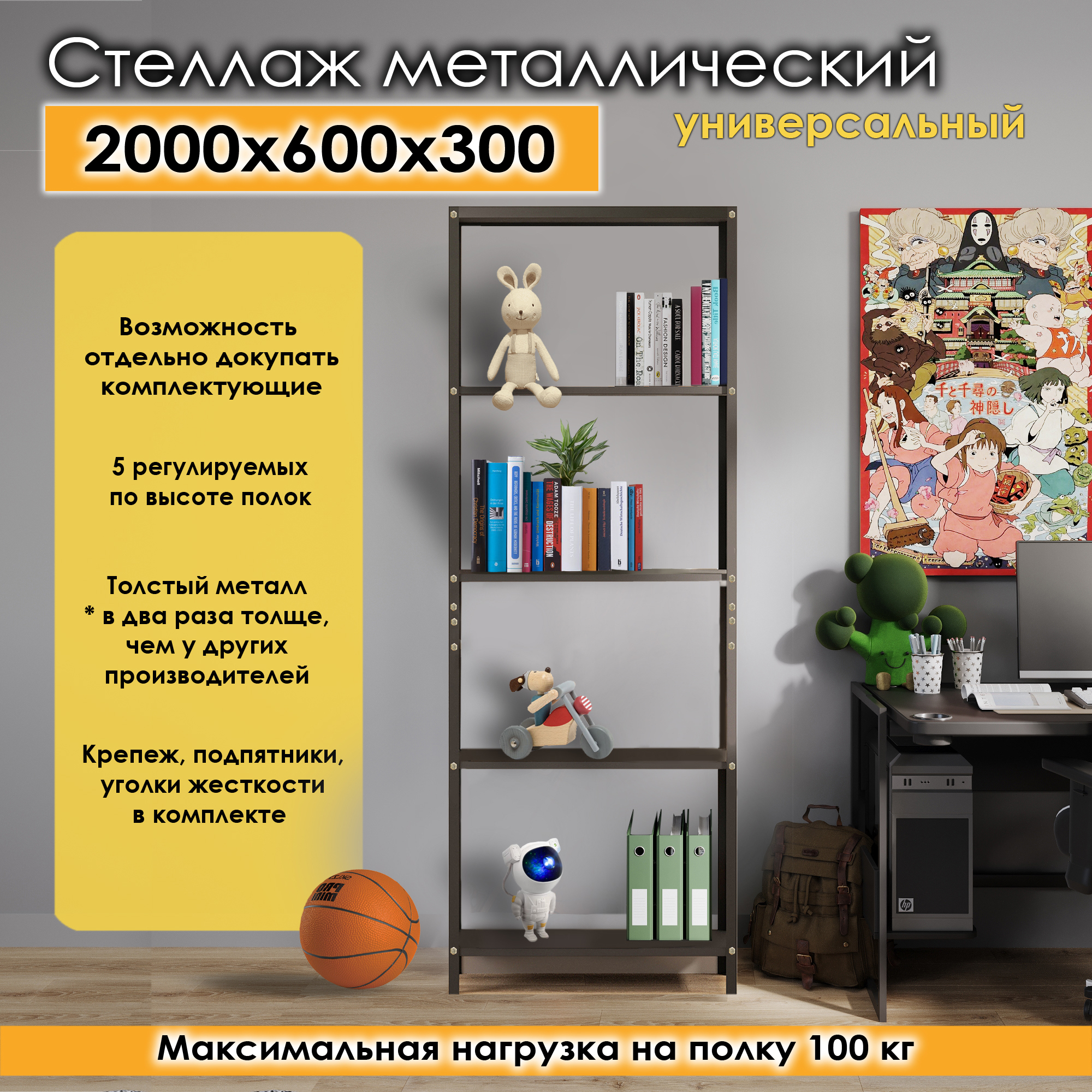Изображение товара Стеллаж металлический Blacksteelone 600x2000x300 см для дома и склада черный