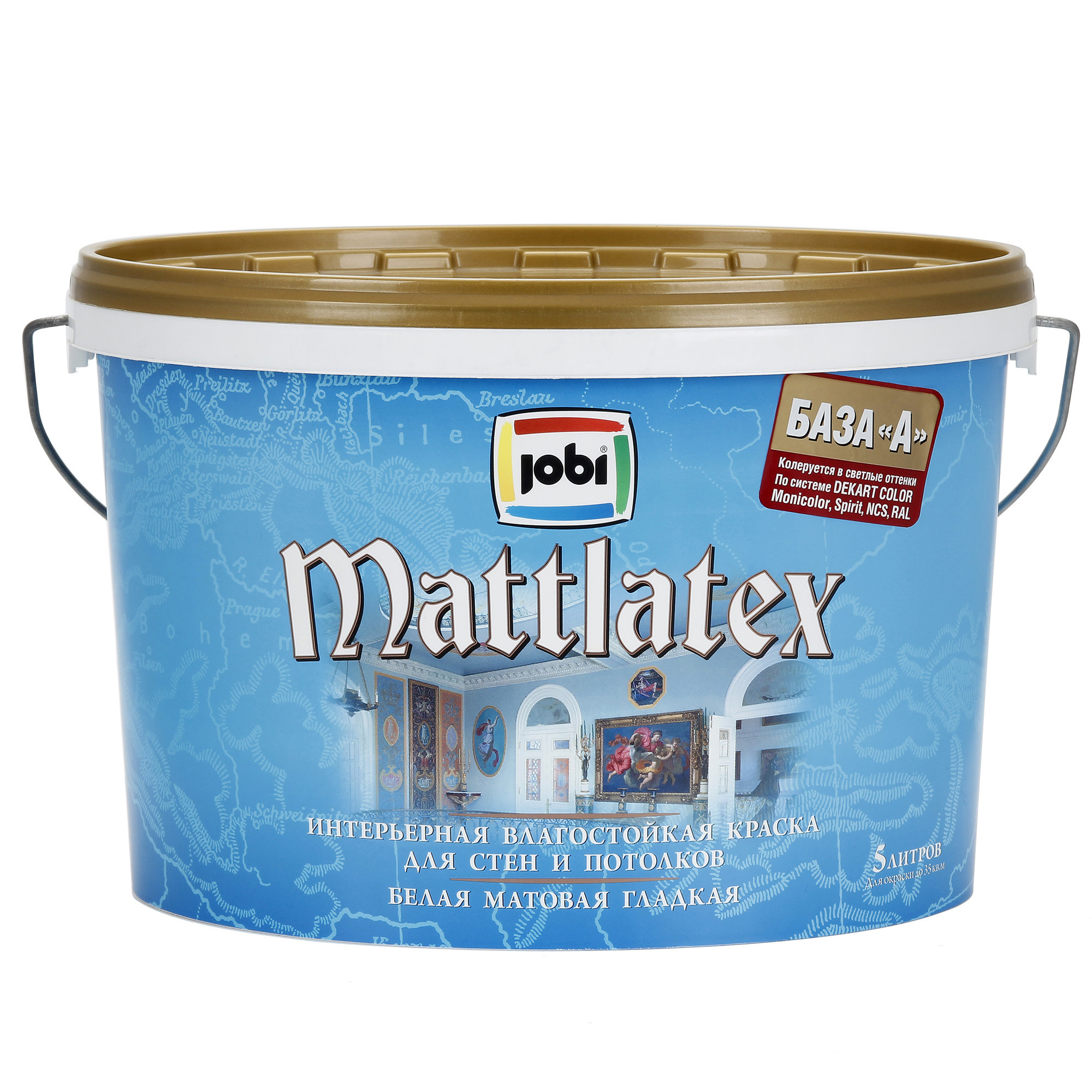 Изображение товара Влагостойкая матовая краска Jobi Mattlatex для стен и потолков 5 л Изображение товара Влагостойкая матовая краска Jobi Mattlatex для стен и потолков 5 л