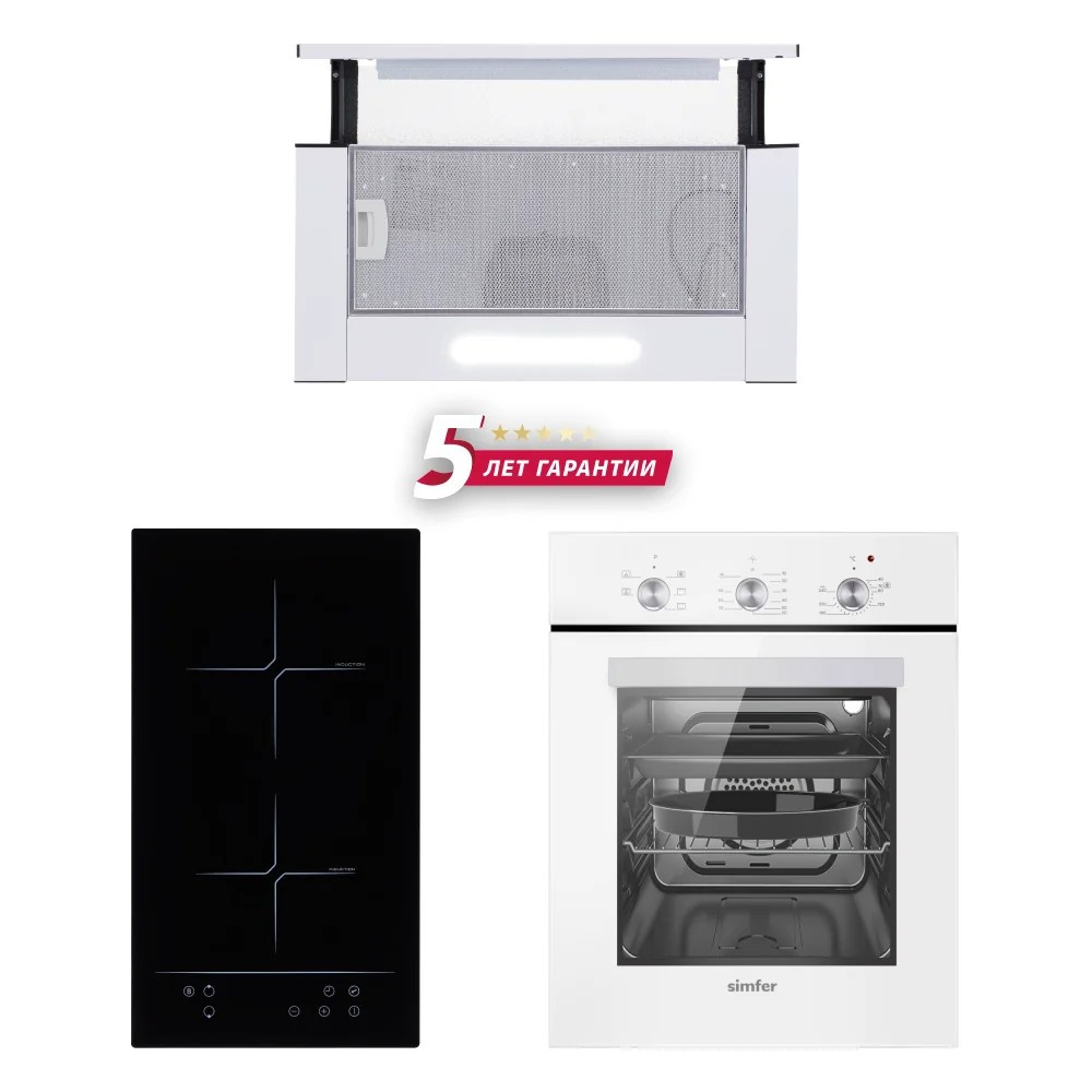 Изображение товара Комплект бытовой техники встраиваемая вытяжка варочная панель и встраиваемая электрическая духовка SIMFER S36I002 цвет белый
