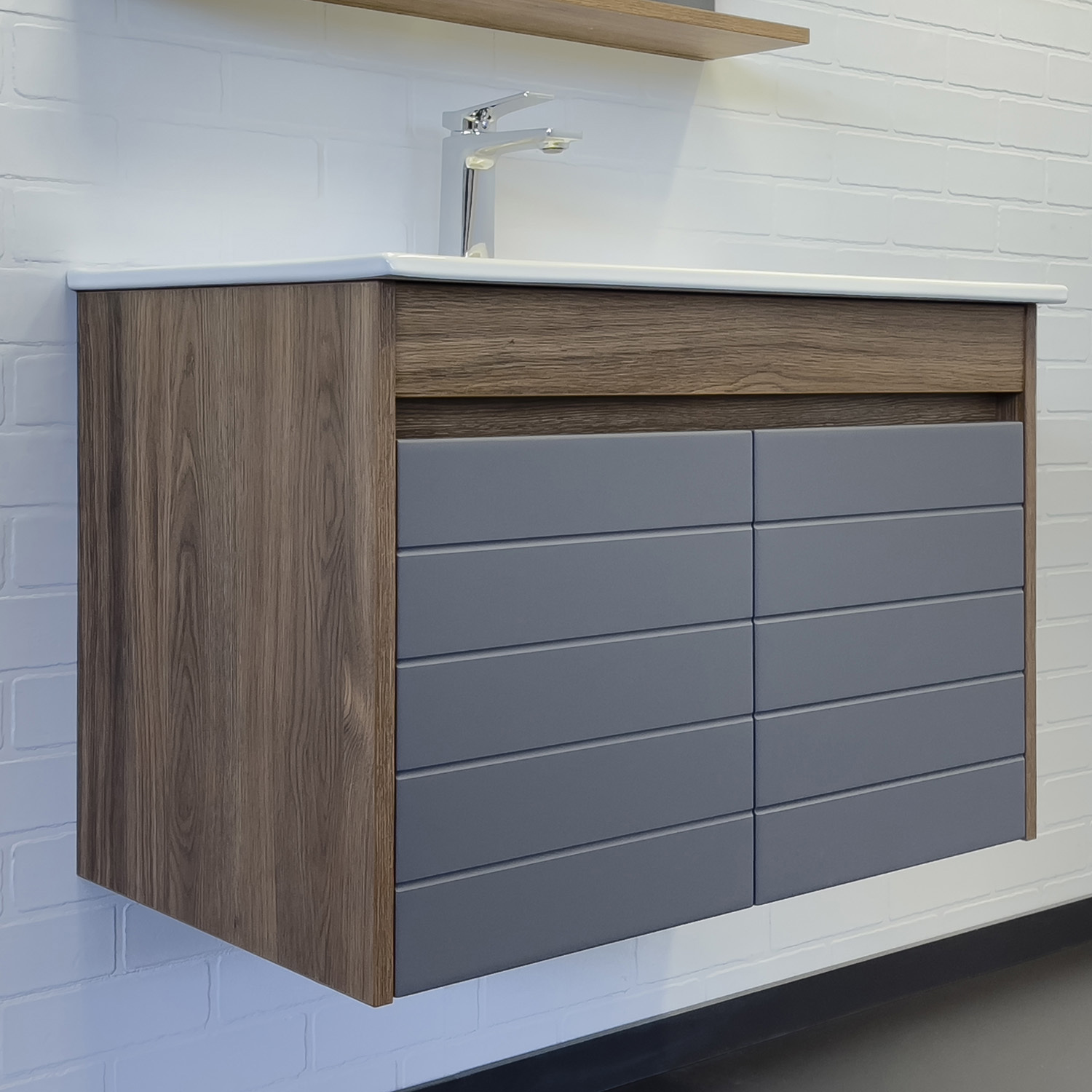 Изображение товара Тумба умыльник Comforty Кемер 75.5 см напольная антрацит дуб тёмно коричневый