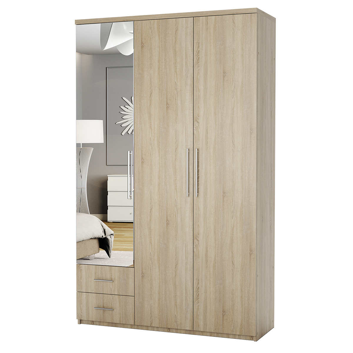 Изображение товара Шкаф распашной Гамма Комфорт 3 дверный 165x220x45 см с зеркалом ЛДСП цвет дуб сонома