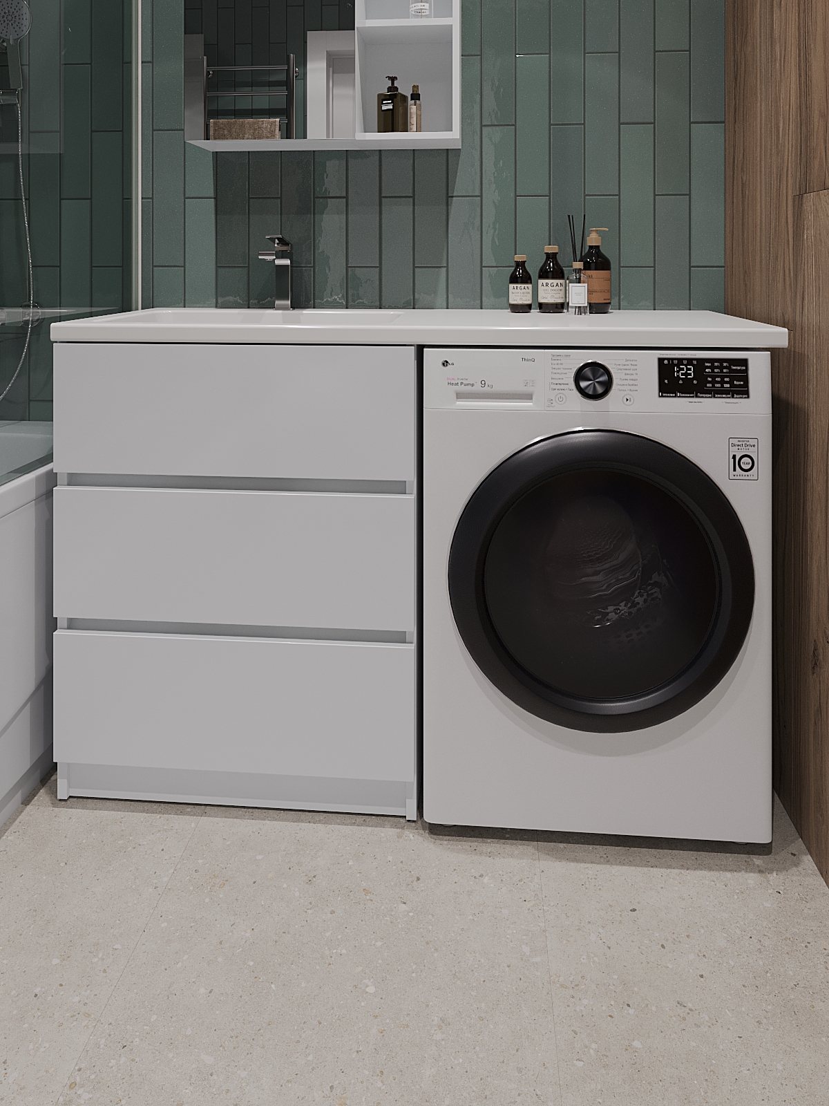 Изображение товара Тумба с левой раковиной Topline Op FOPTU1300W-RL напольная 130 см под стиральную машину, цвет белый глянец