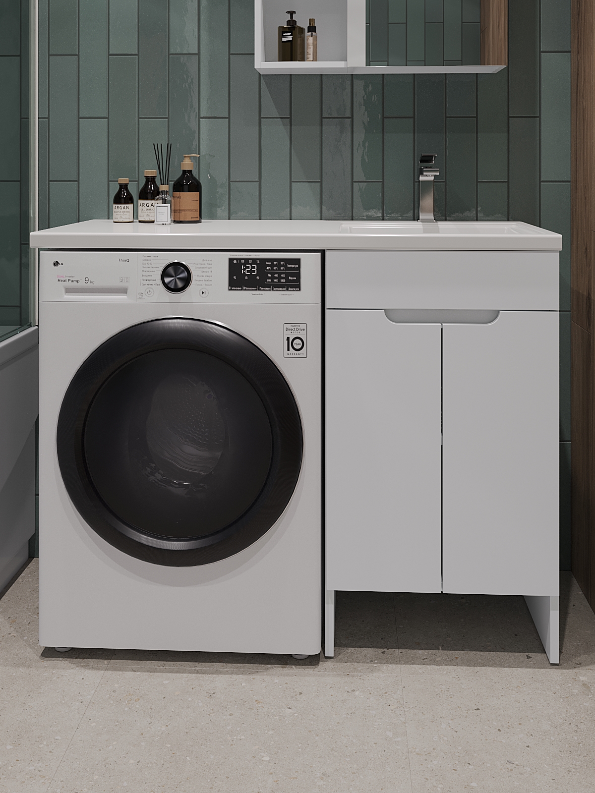 Изображение товара Тумба с правой раковиной Topline Op FOPKDTU1100W-RR напольная 109.70 см под стиральную машину, цвет белый глянец