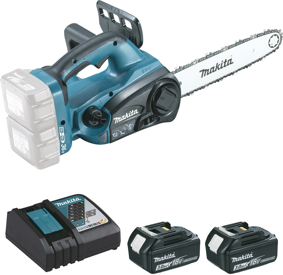 Изображение товара Аккумуляторная цепная пила Makita DUC302RF2 с двумя батареями, 36 В, 30 см